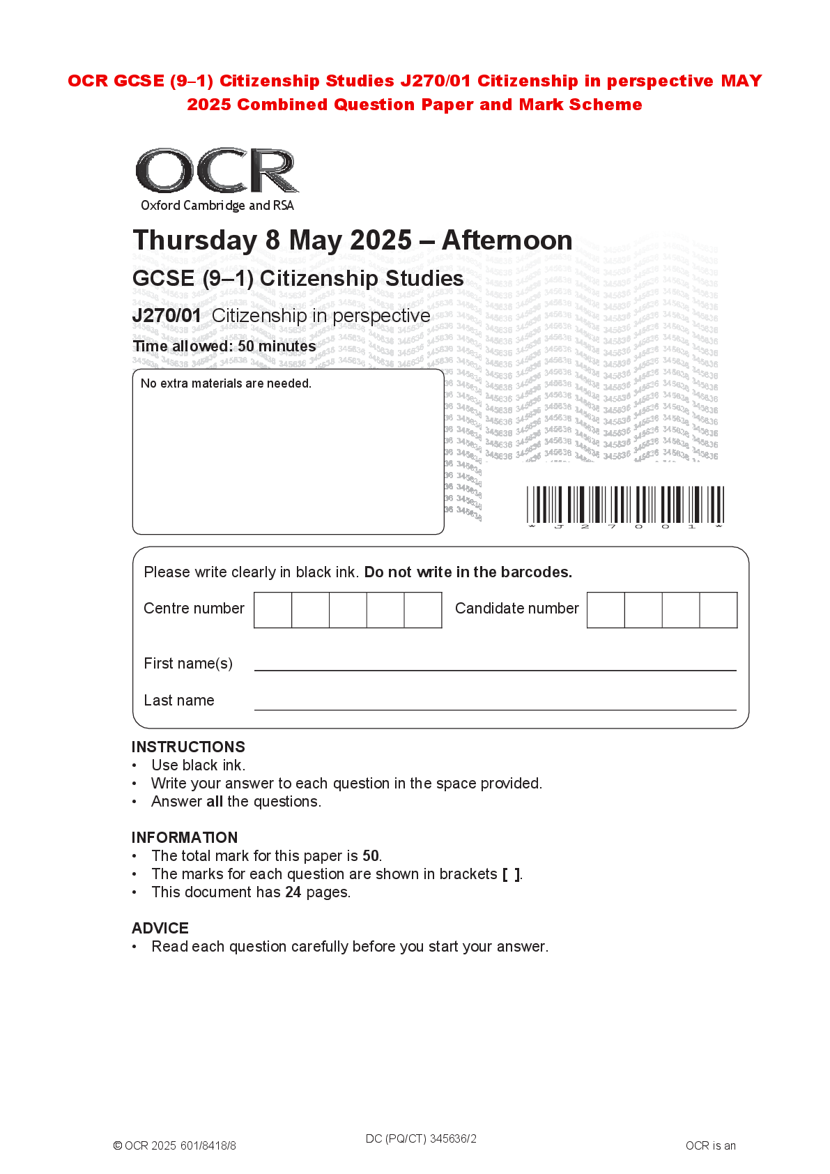 Recommended document preview for OCR GCSE (9–1) Citizenship Studies J270/01 Citizenship in perspective MAY 2025 Combined Question Paper and Mark Scheme