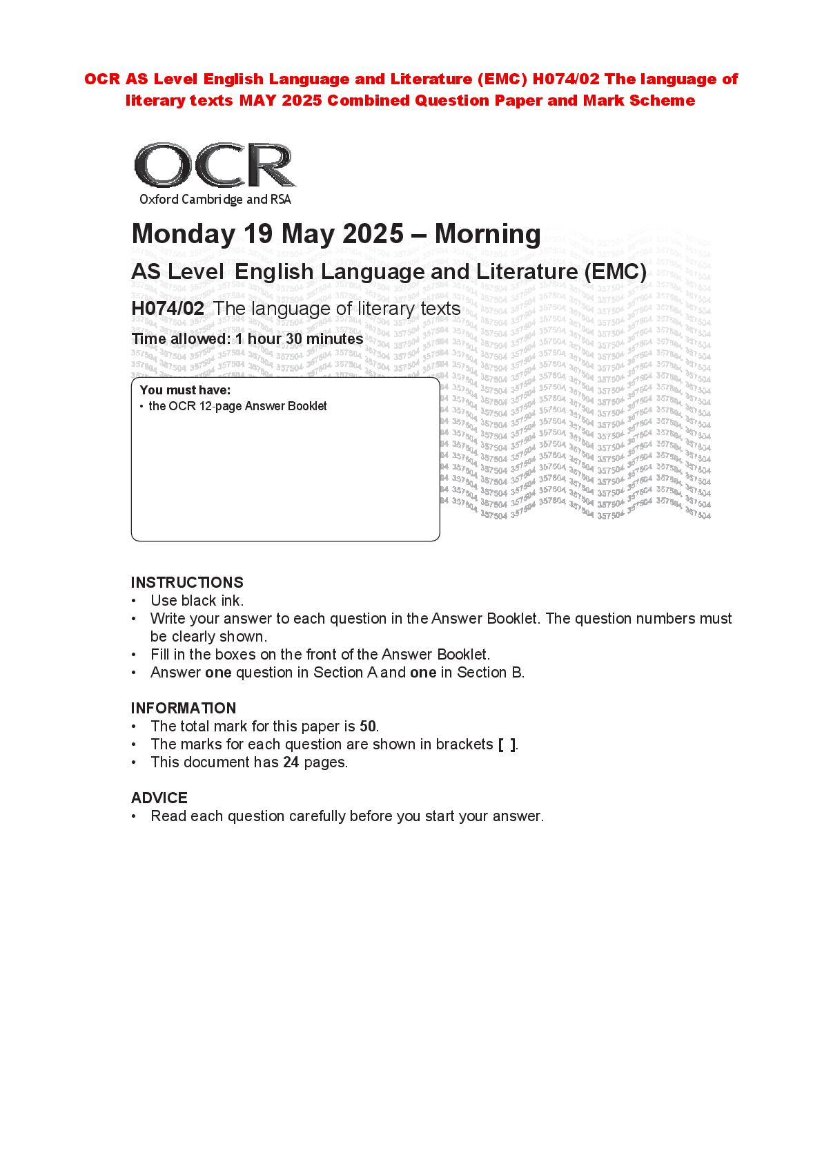 Recommended document preview for OCR AS Level English Language and Literature (EMC) H074/02 The language of  literary texts MAY 2025 Combined Question Paper and Mark Scheme