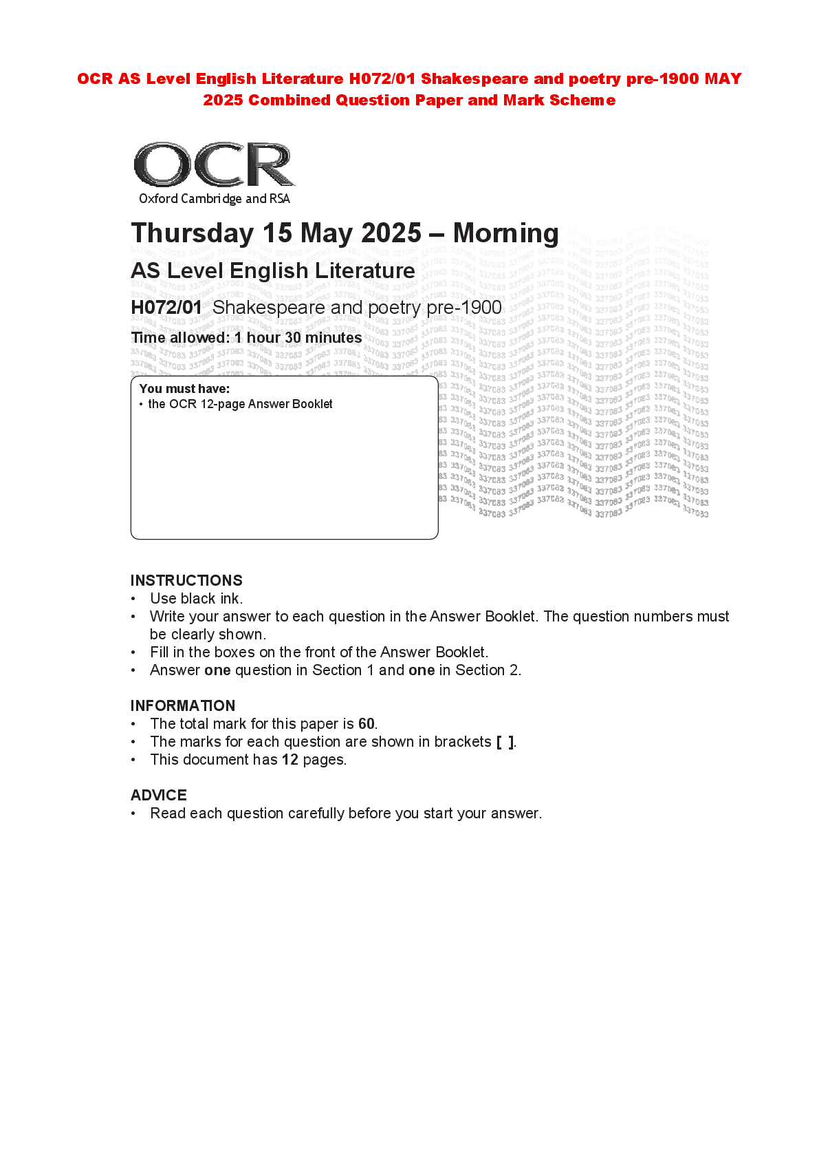 Recommended document preview for OCR AS Level English Literature H072/01 Shakespeare and poetry pre-1900 MAY  2025 Combined Question Paper and Mark Scheme