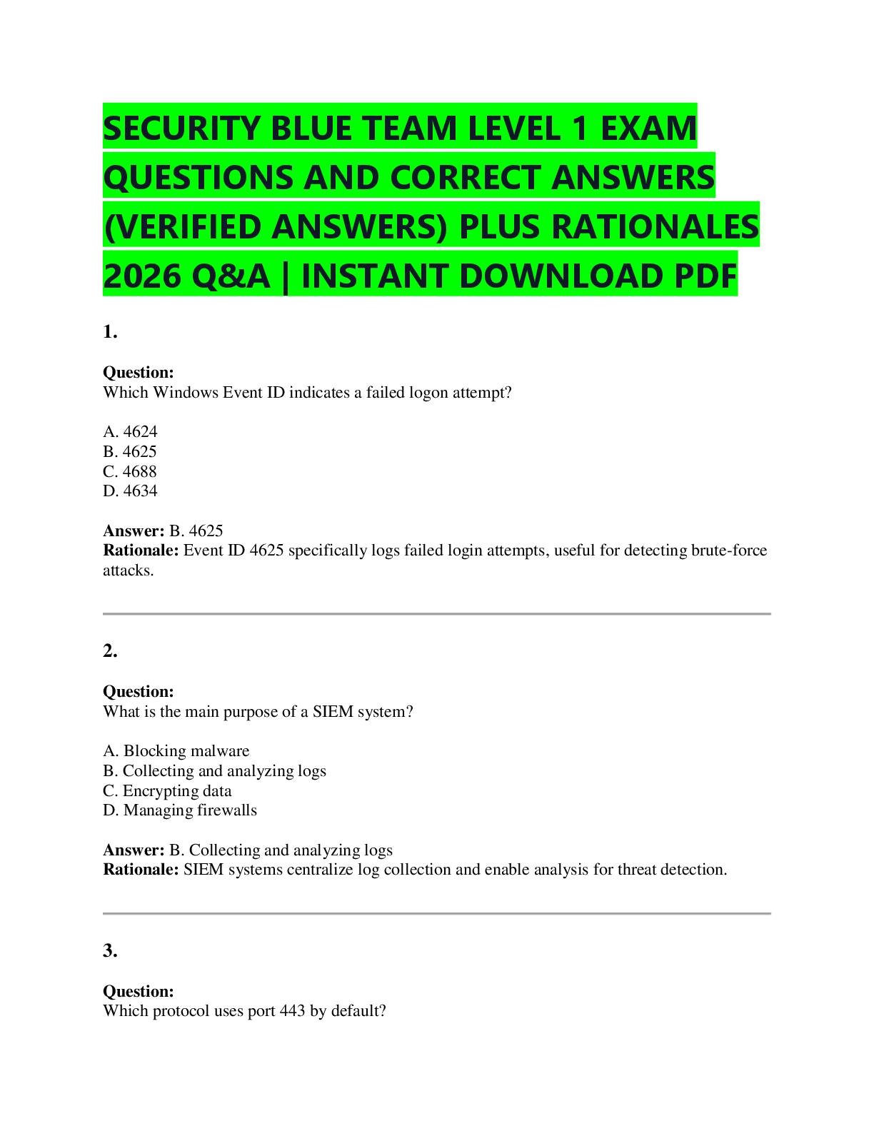 Recommended document preview for SECURITY BLUE TEAM LEVEL 1 EXAM  QUESTIONS AND CORRECT ANSWERS  (VERIFIED ANSWERS) PLUS RATIONALES  2026 Q&A | INSTANT DOWNLOAD PDF