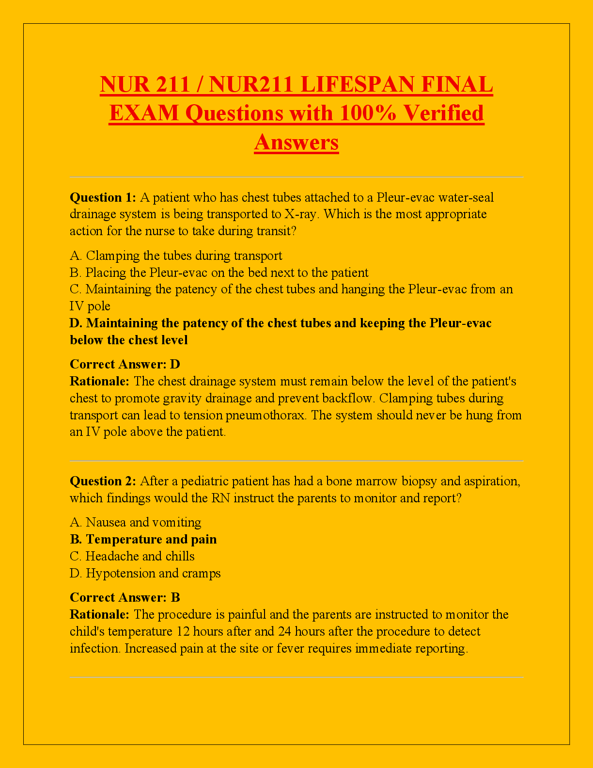 Preview of NUR 211 / NUR211 LIFESPAN FINAL  EXAM Questions with 100% Verified  Answers