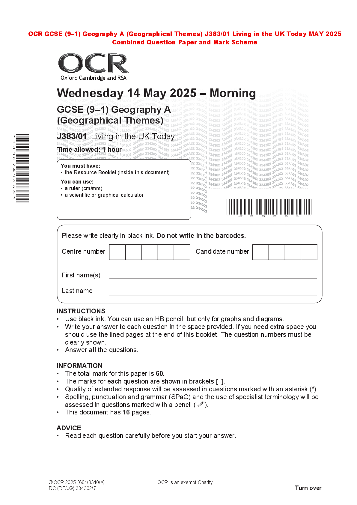 Recommended document preview for OCR GCSE (9–1) Geography A (Geographical Themes) J383/01 Living in the UK Today MAY 2025 Combined Question Paper and Mark Scheme