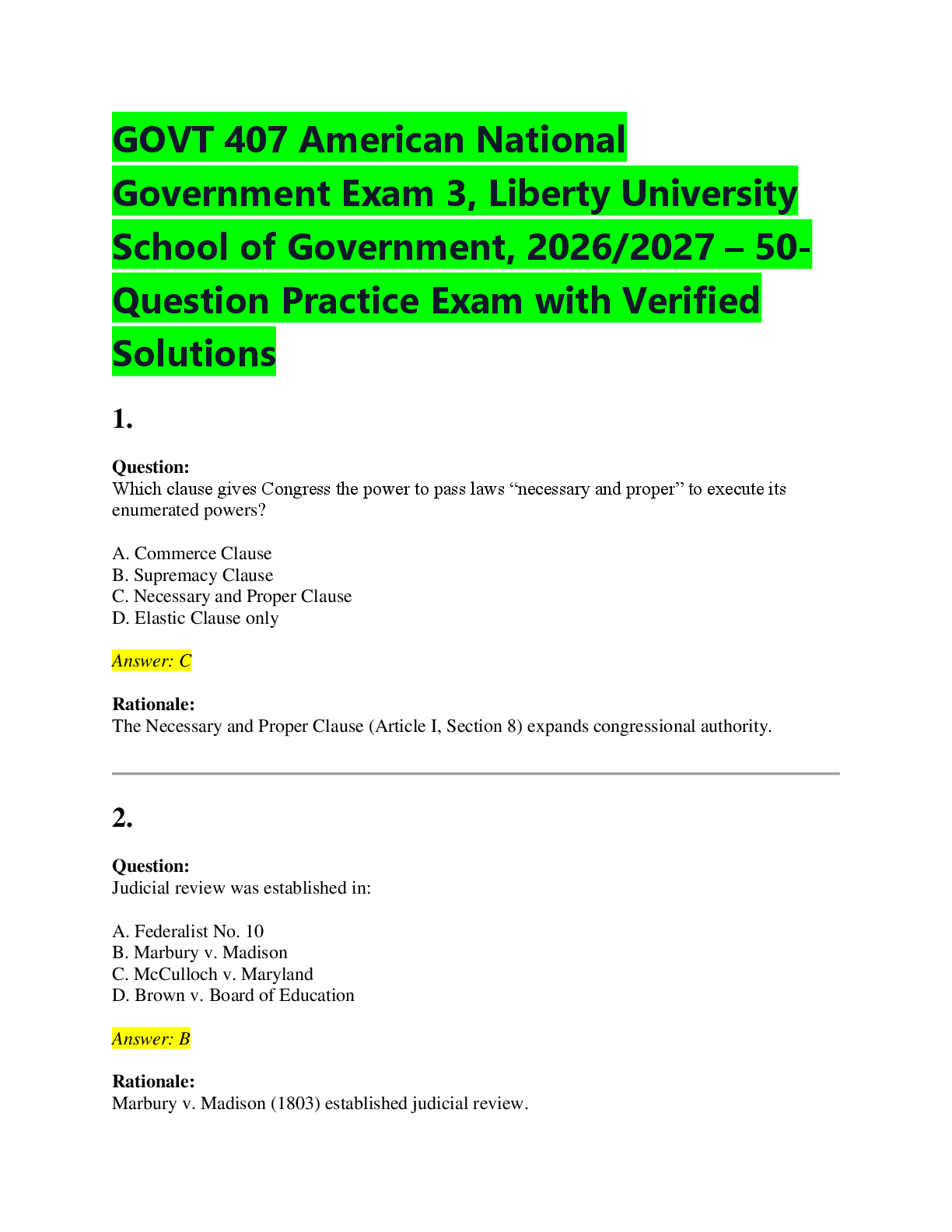 Recommended document preview for GOVT 407 American National  Government Exam 3, Liberty University  School of Government, 2026/2027 – 50 Question Practice Exam with Verified  Solutions
