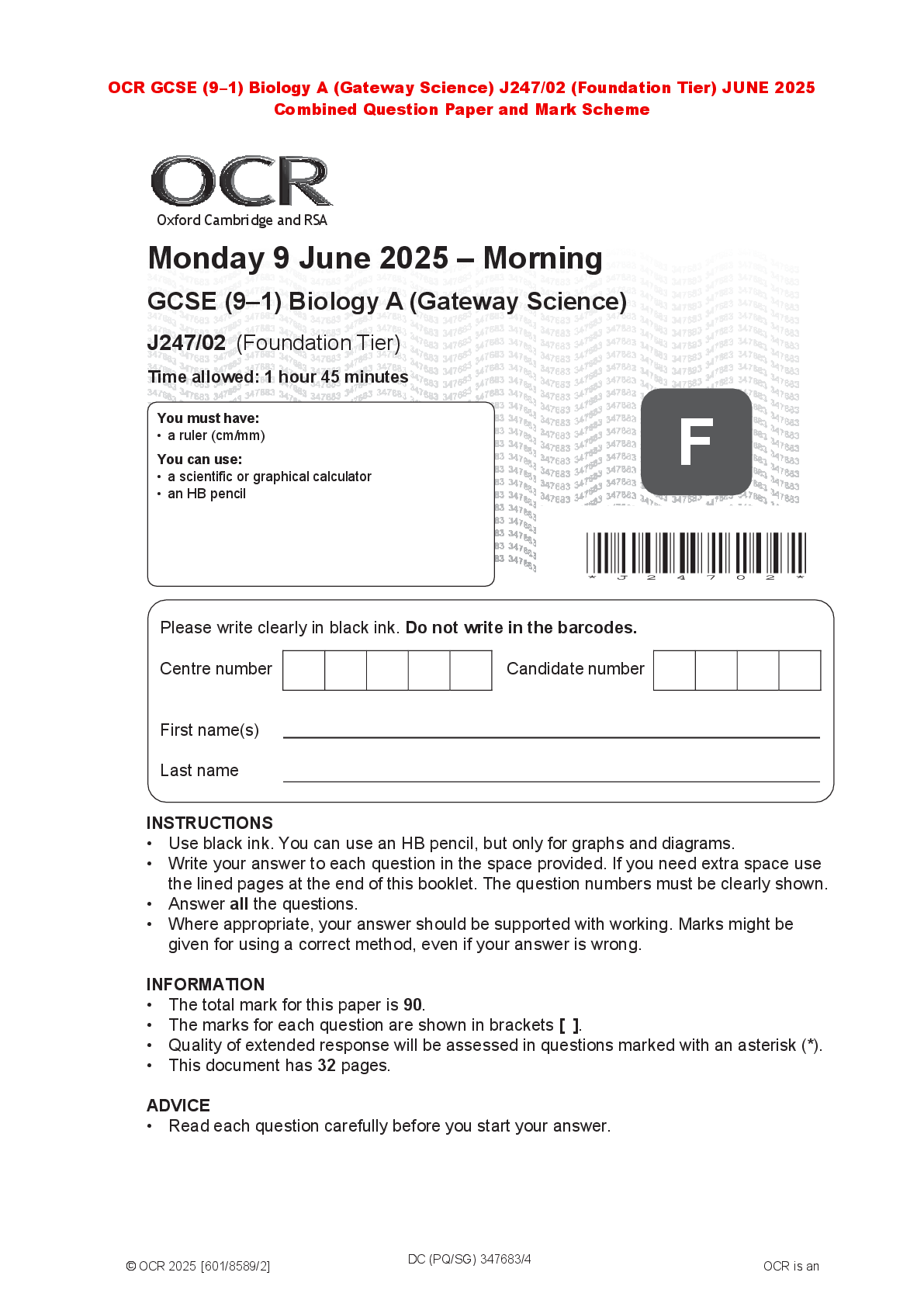 Recommended document preview for OCR GCSE (9–1) Biology A (Gateway Science) J247/02 (Foundation Tier) JUNE 2025 Combined Question Paper and Mark Scheme
