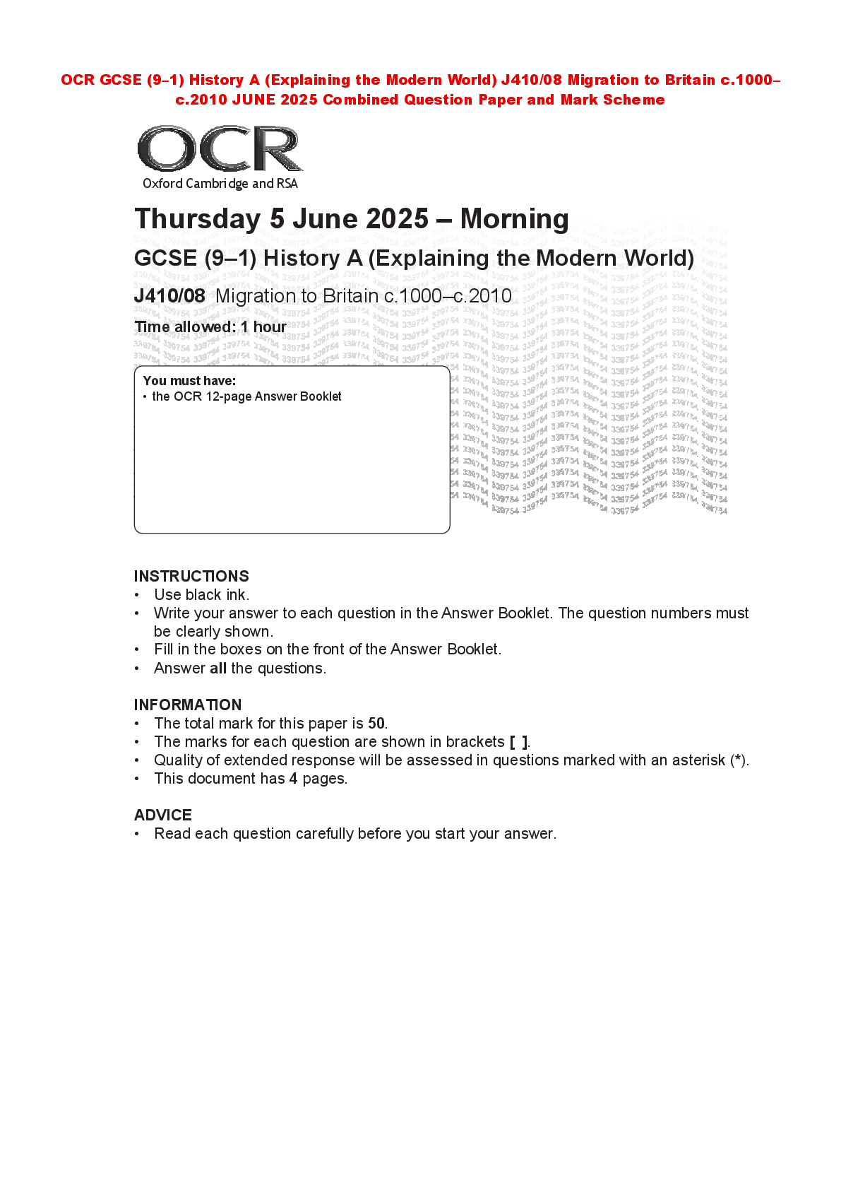 Recommended document preview for OCR GCSE (9–1) History A (Explaining the Modern World) J410/08 Migration to Britain c.1000–c.2010 JUNE 2025 Combined Question Paper and Mark Scheme