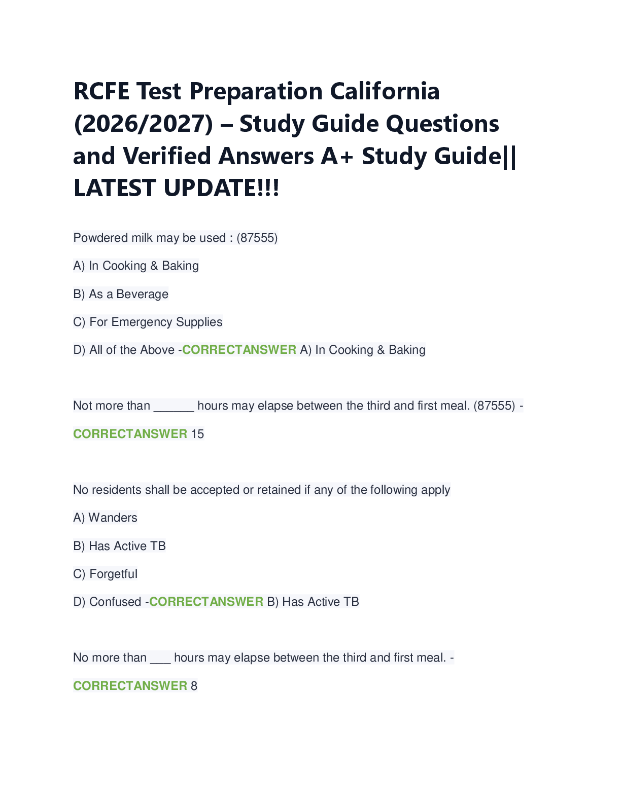 Recommended document preview for RCFE Test Preparation California  (2026/2027) – Study Guide Questions  and Verified Answers A+ Study Guide||  LATEST UPDATE!!!