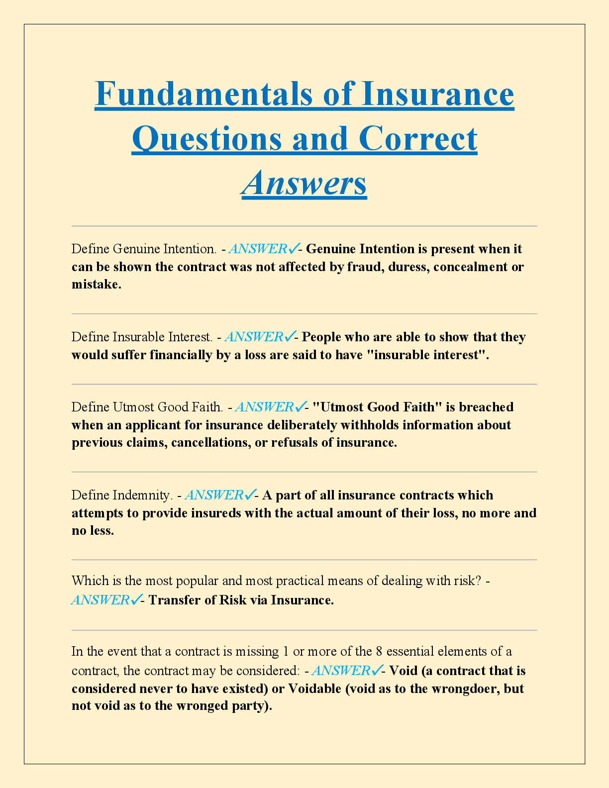 Preview of Fundamentals of Insurance  Questions and Correct  Answers