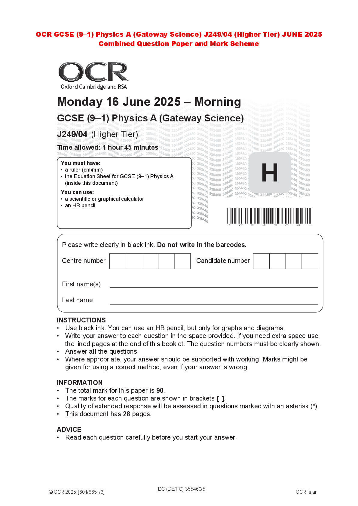 Preview of OCR GCSE (9–1) Physics A (Gateway Science) J249/04 (Higher Tier) JUNE 2025 Combined Questi