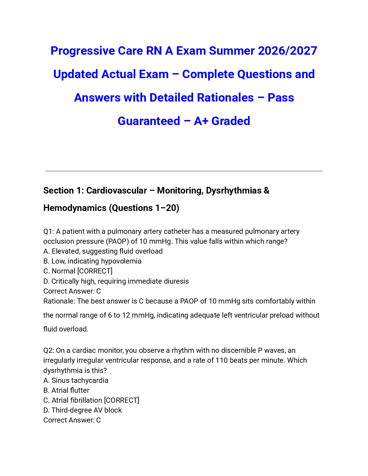 Recommended document preview for Progressive Care RN A Exam Summer 2026/2027 Updated Actual Exam – Complete Questions and Answers with Detailed Rationales – Pass Guaranteed – A+ Graded