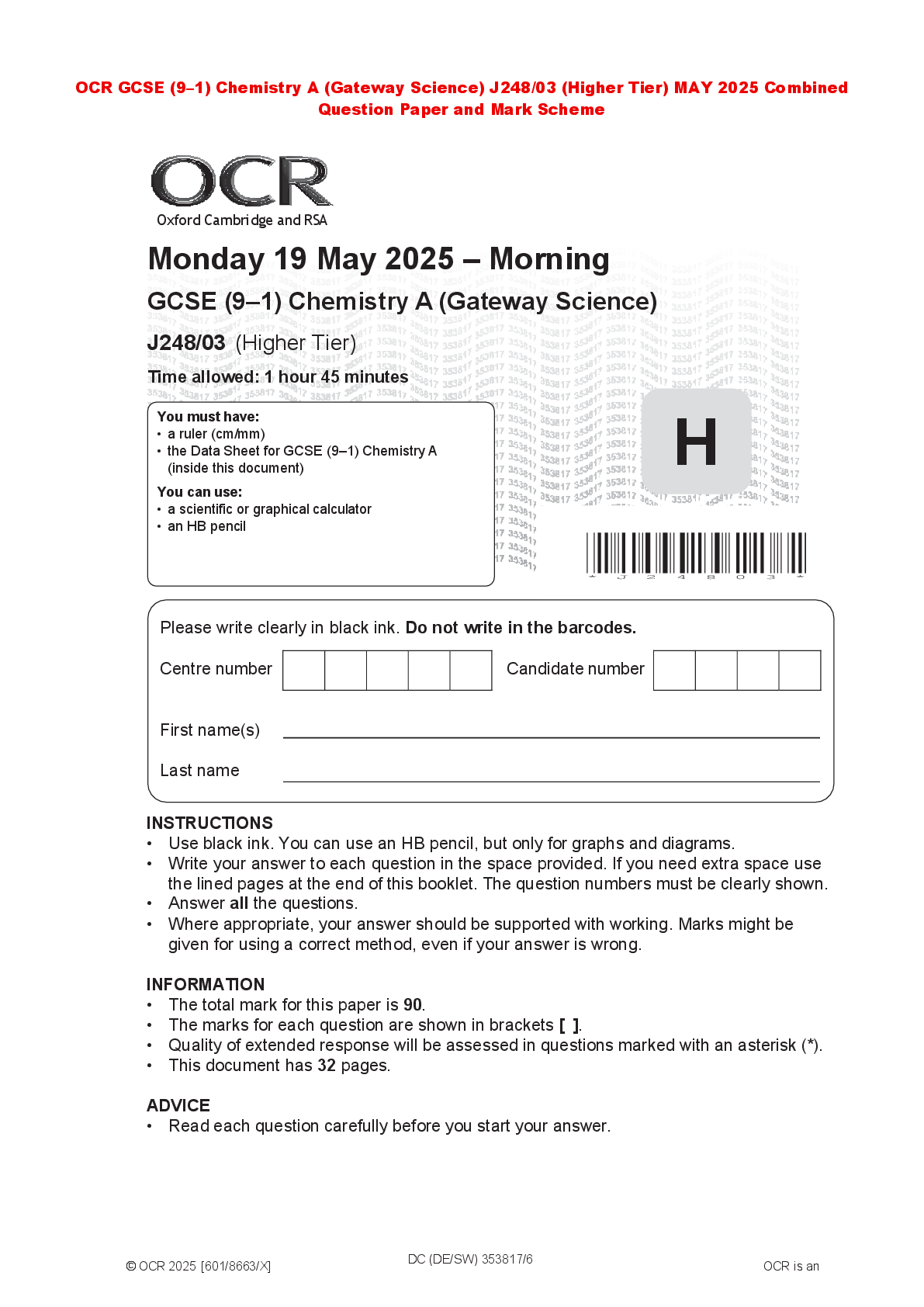 Recommended document preview for OCR GCSE (9–1) Chemistry A (Gateway Science) J248/03 (Higher Tier) MAY 2025 Combined Question Paper and Mark Scheme