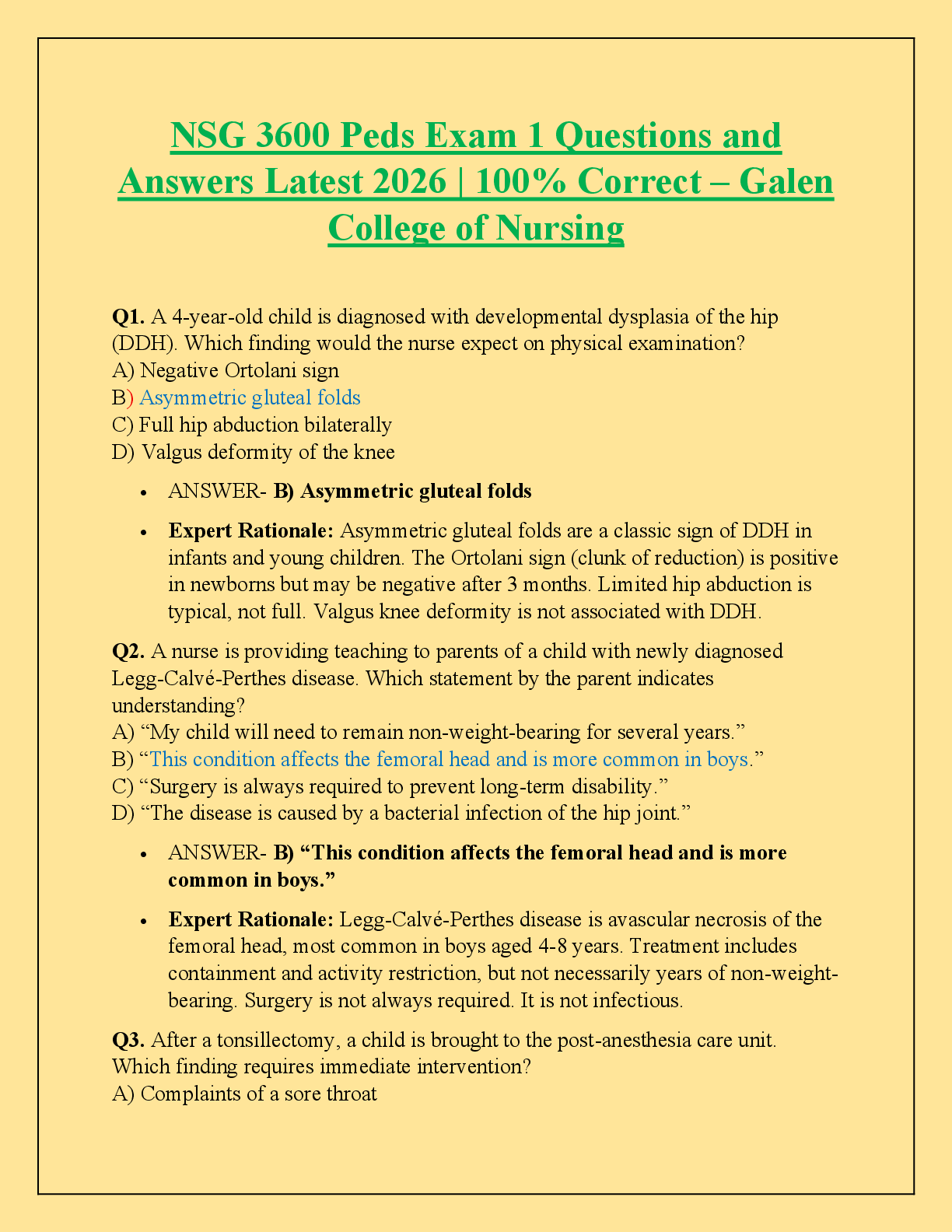 Recommended document preview for NSG 3600 Peds Exam 1 Questions and Answers Latest 2026 | 100% Correct – Galen College of Nursing