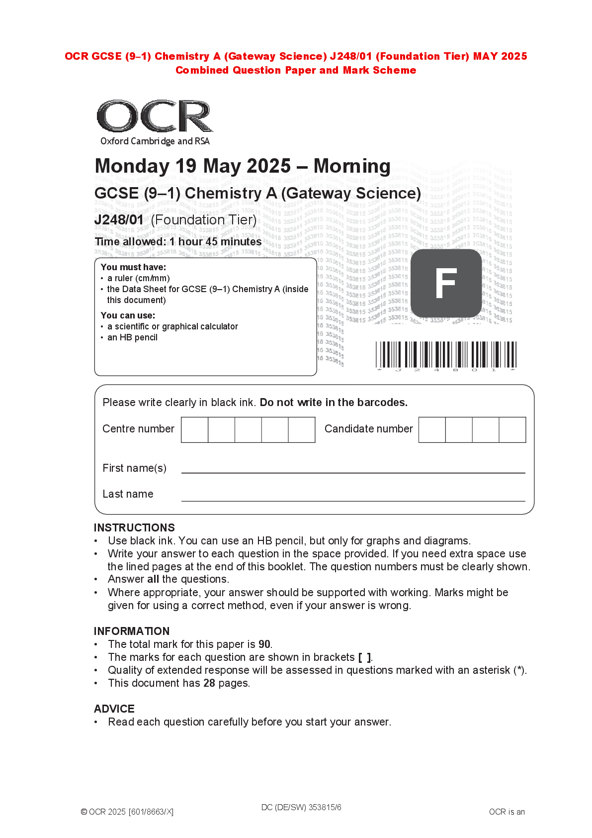 Recommended document preview for OCR GCSE (9–1) Chemistry A (Gateway Science) J248/01 (Foundation Tier) MAY 2025 Combined Question Paper and Mark Scheme