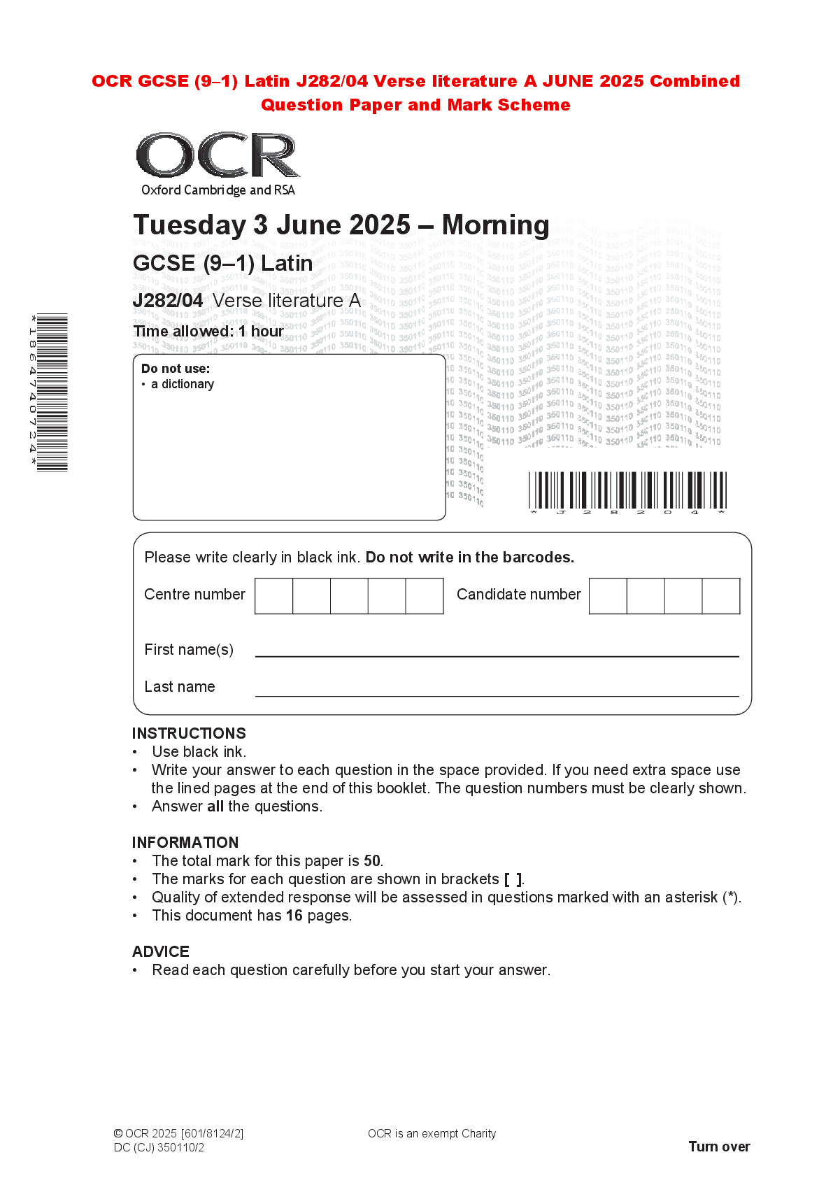 Recommended document preview for OCR GCSE (9–1) Latin J282/04 Verse literature A JUNE 2025 Combined Question Paper and Mark Scheme