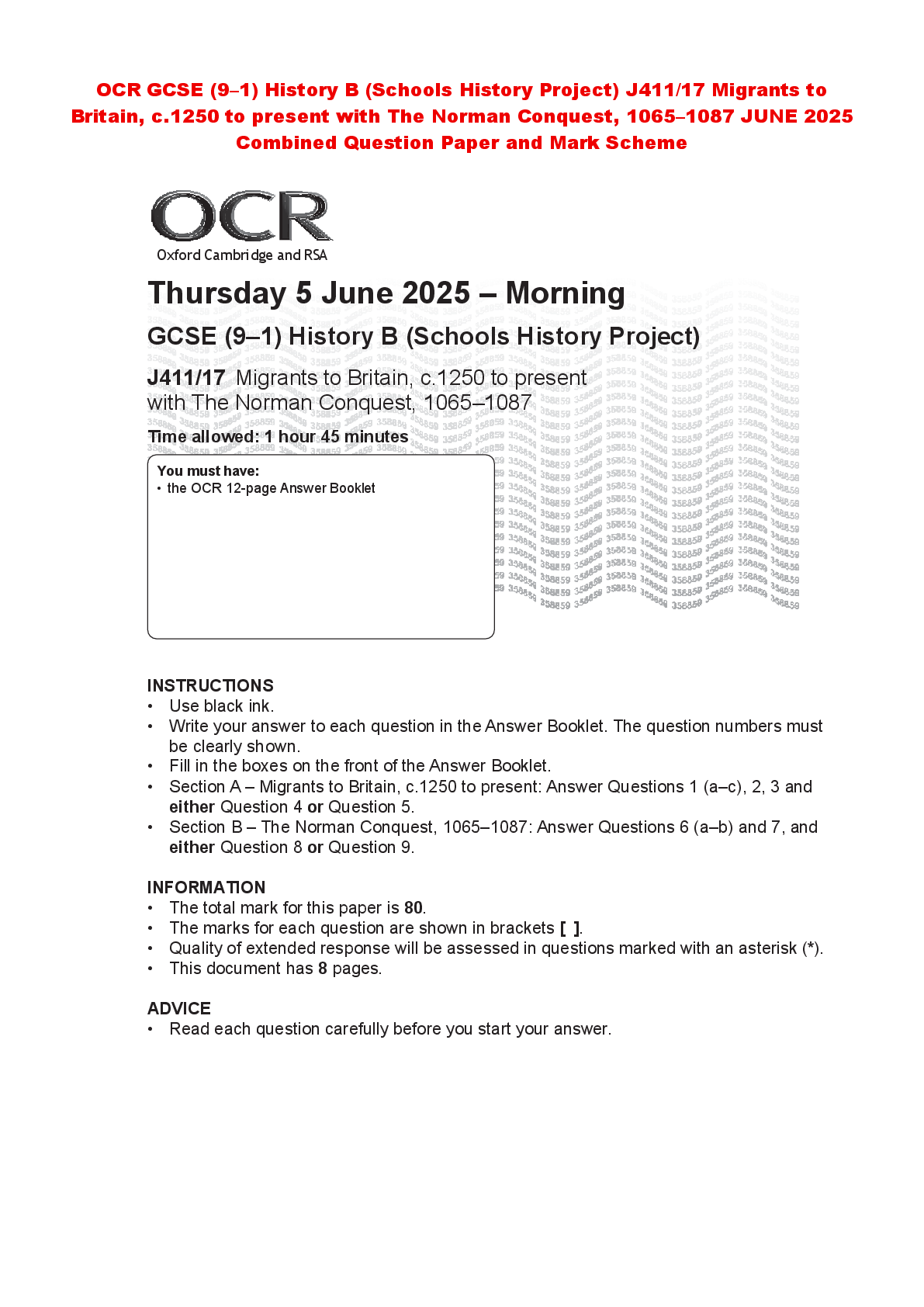 Recommended document preview for OCR GCSE (9–1) History B (Schools History Project) J411/17 Migrants to Britain, c.1250 to present with The Norman Conquest, 1065–1087 JUNE 2025 Combined Question Paper and Mark Scheme