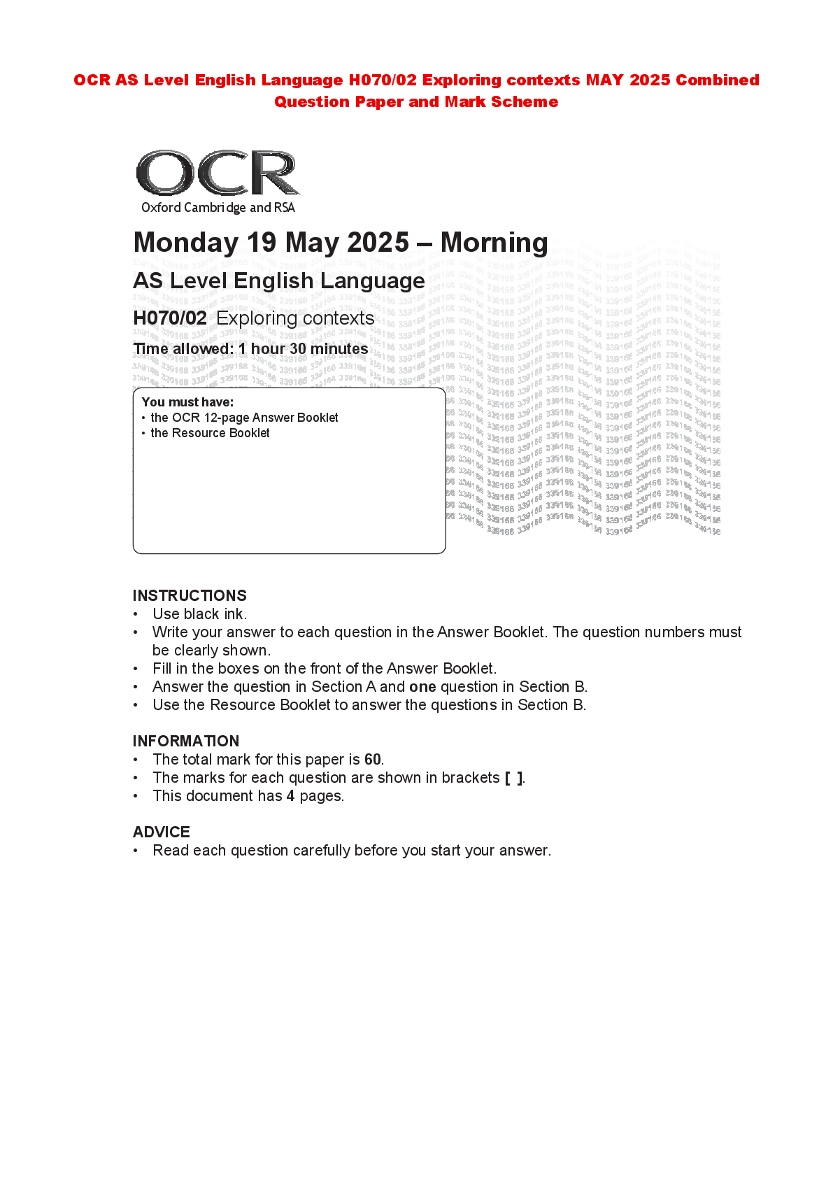 Recommended document preview for OCR AS Level English Language H070/02 Exploring contexts MAY 2025 Combined  Question Paper and Mark Scheme