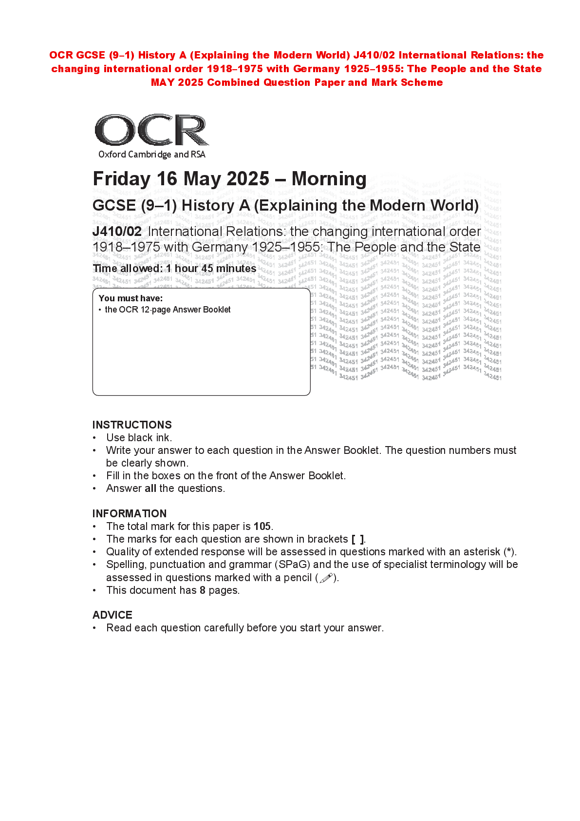 Preview of OCR GCSE (9–1) History A (Explaining the Modern World) J410/02 International Relations: th