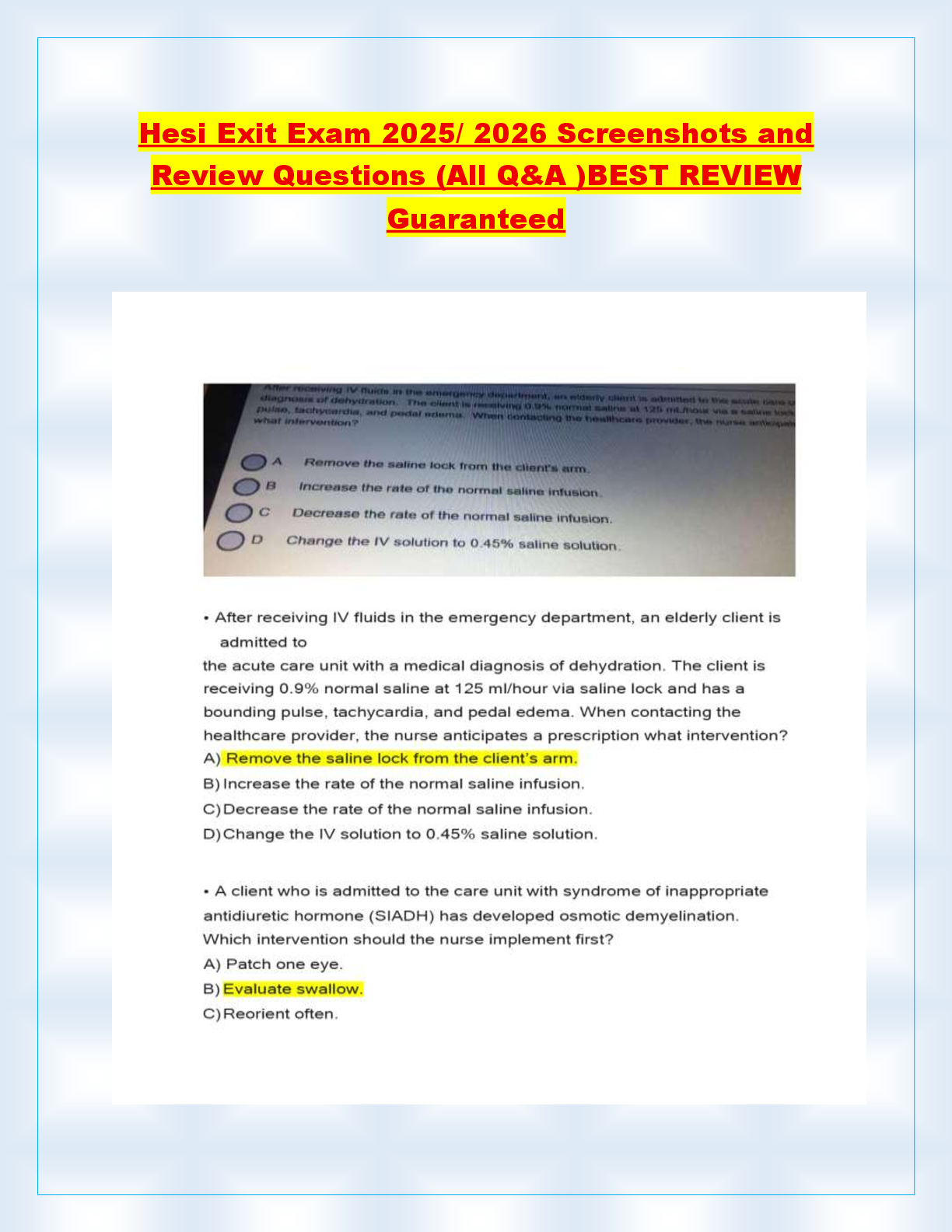 Preview of Hesi Exit Exam 2025/ 2026 Screenshots and  Review Questions (All Q&A )BEST REVIEW  Guaranteed