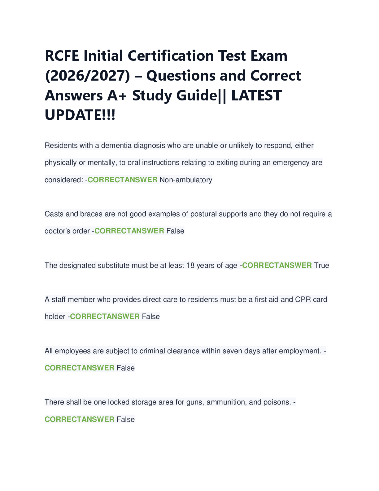 Recommended document preview for RCFE Initial Certification Test Exam  (2026/2027) – Questions and Correct  Answers A+ Study Guide|| LATEST  UPDATE!!!