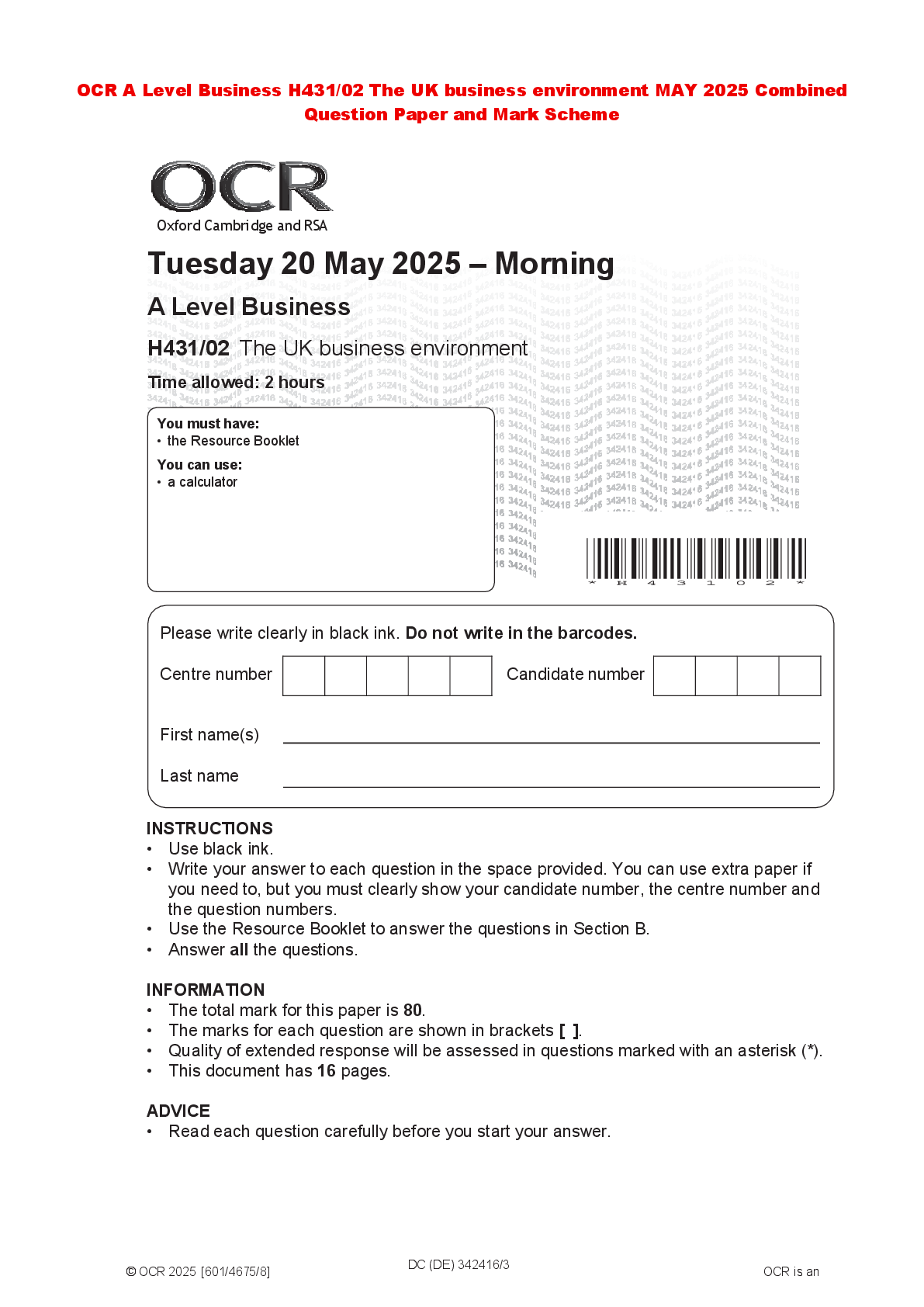 Recommended document preview for OCR A Level Business H431/02 The UK business environment MAY 2025 Combined Question Paper and Mark Scheme