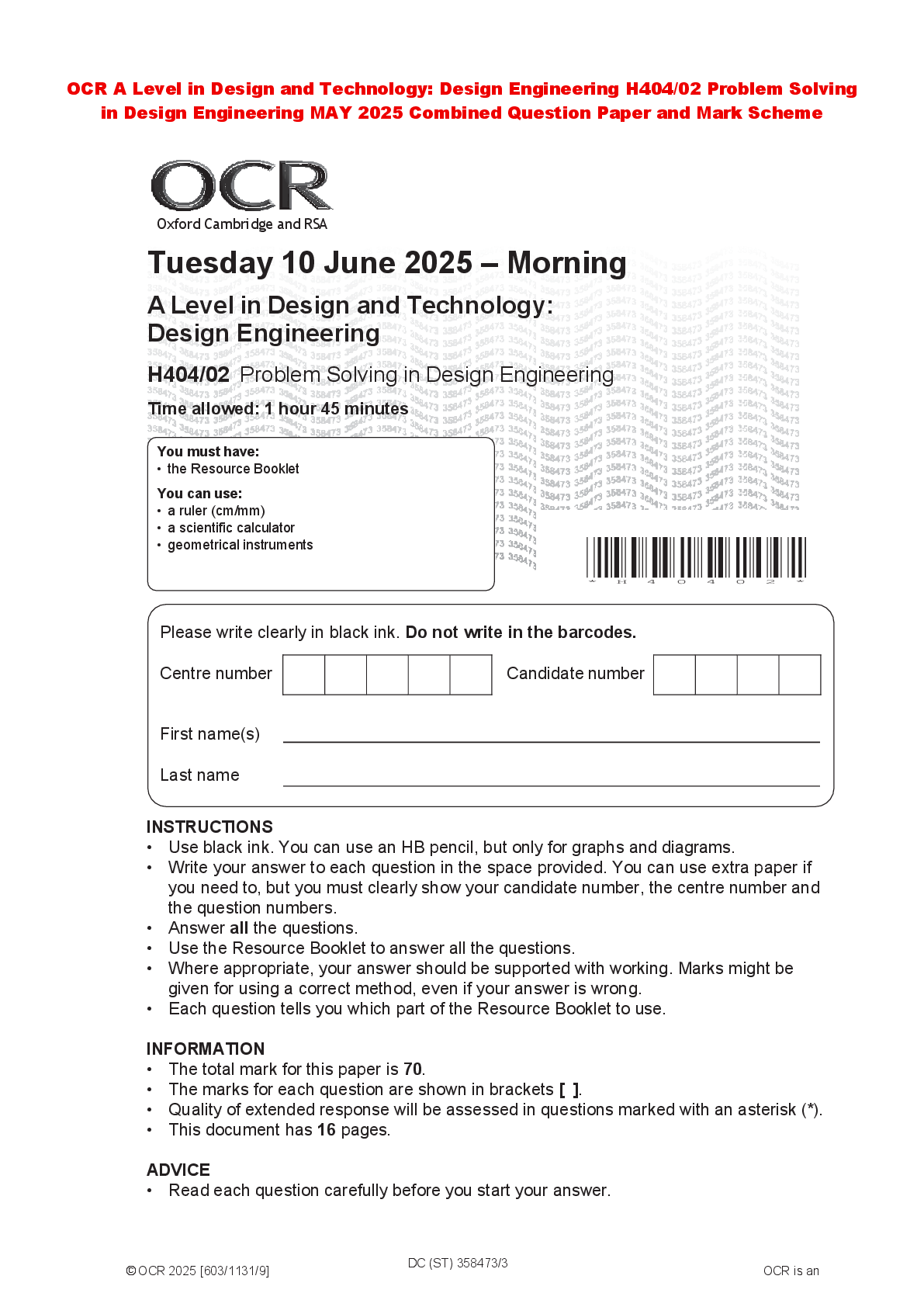 Recommended document preview for OCR A Level in Design and Technology: Design Engineering H404/02 Problem Solving  in Design Engineering MAY 2025 Combined Question Paper and Mark Scheme