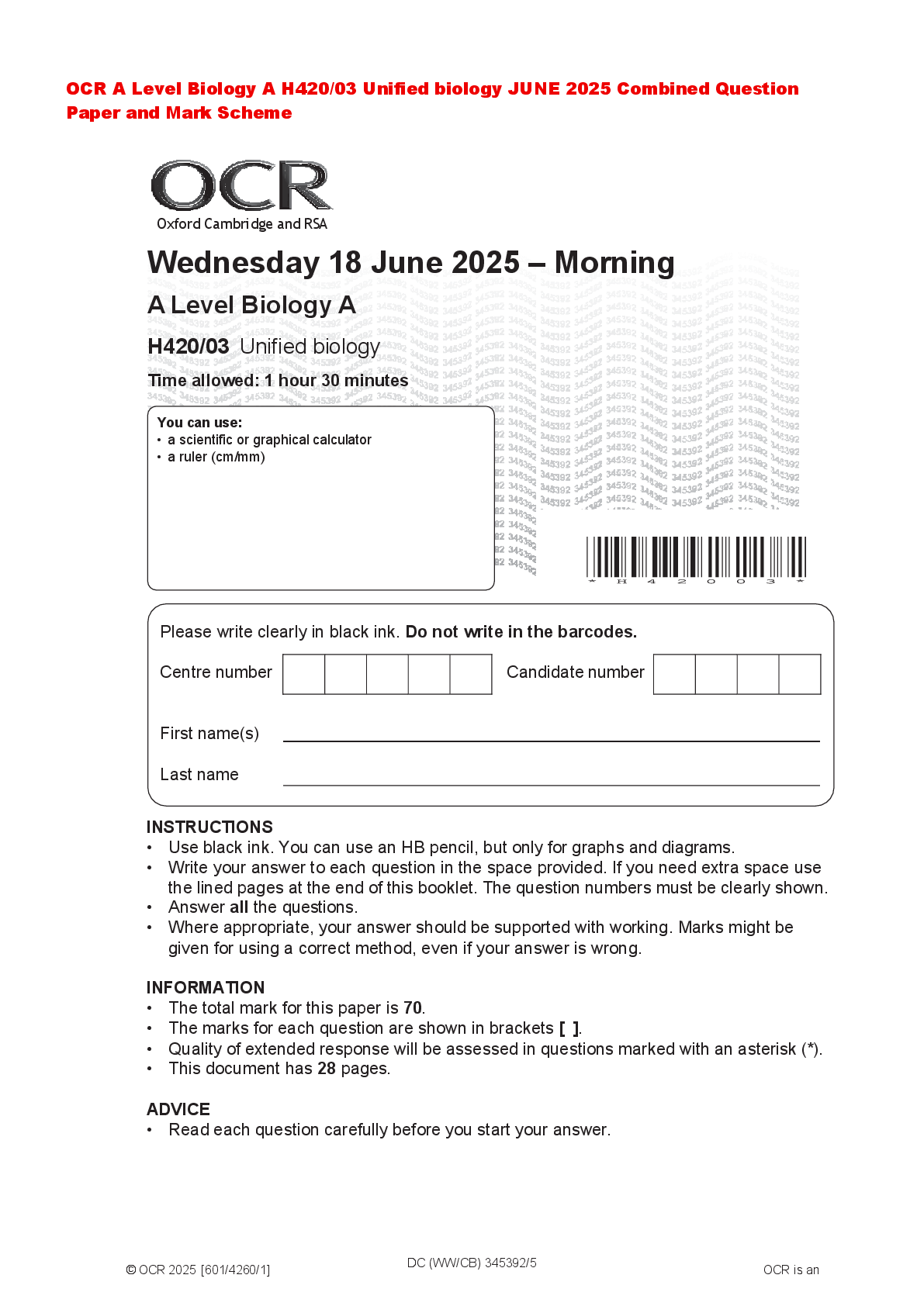 Recommended document preview for OCR A Level Biology A H420/03 Unified biology JUNE 2025 Combined Question Paper and Mark Scheme