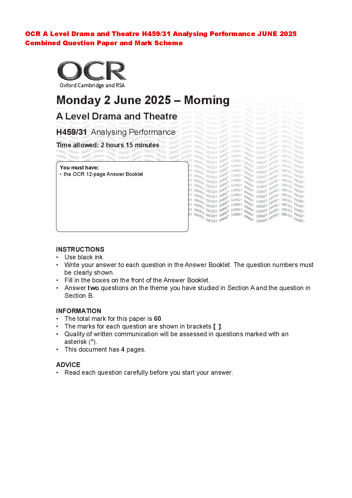 Recommended document preview for OCR A Level Drama and Theatre H459/31 Analysing Performance JUNE 2025  Combined Question Paper and Mark Scheme