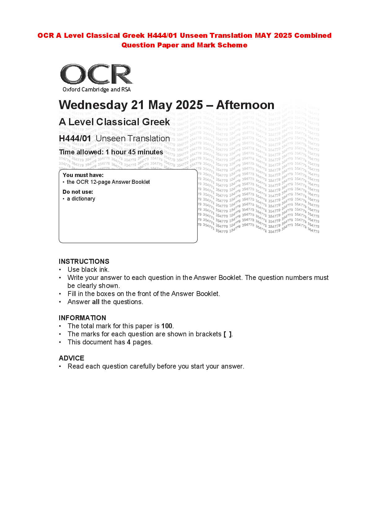 Recommended document preview for OCR A Level Classical Greek H444/01 Unseen Translation MAY 2025 Combined Question Paper and Mark Scheme
