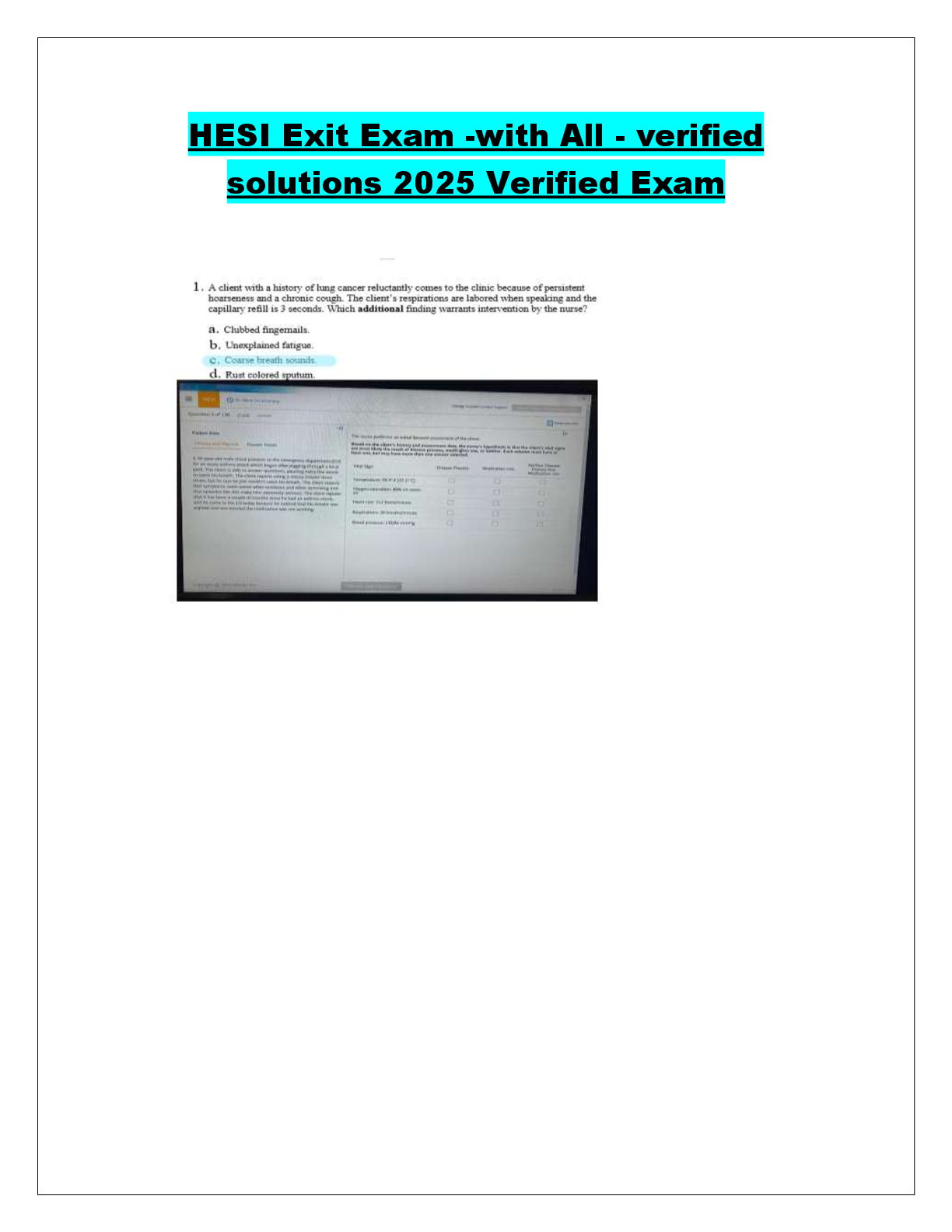 Recommended document preview for HESI Exit Exam -with All - verified  solutions 2025 Verified Exam