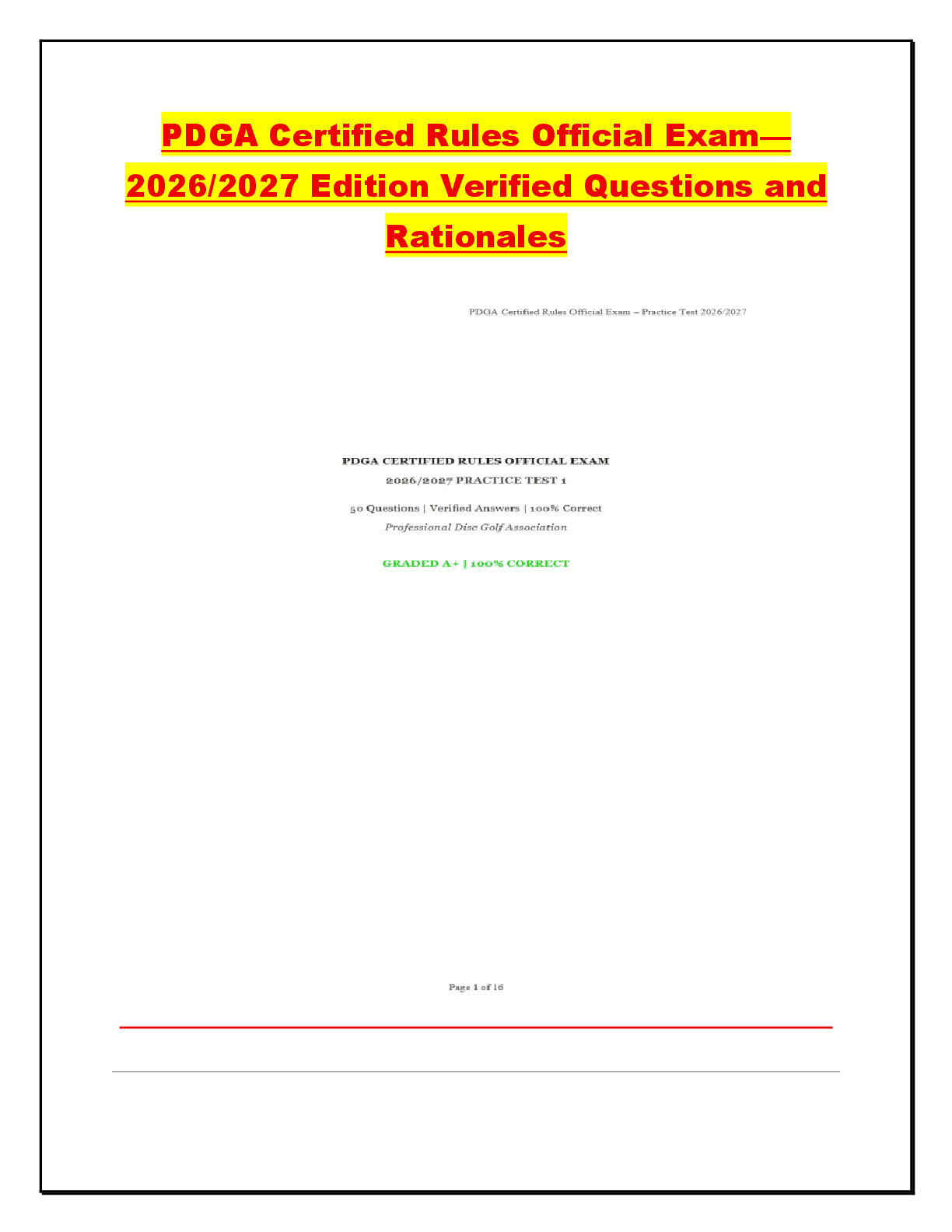 Recommended document preview for PDGA Certified Rules Official Exam—  2026/2027 Edition Verified Questions and  Rationales
