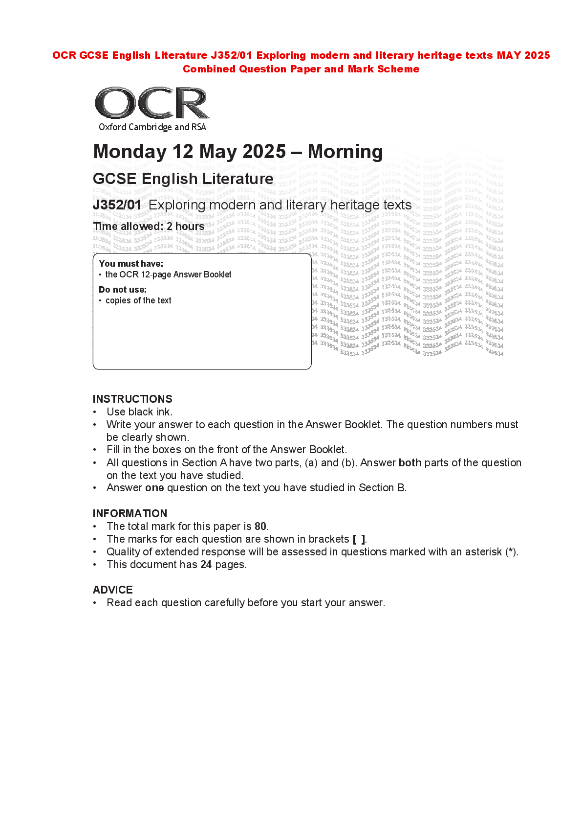 Preview of OCR GCSE English Literature J352/01 Exploring modern and literary heritage texts MAY 2025