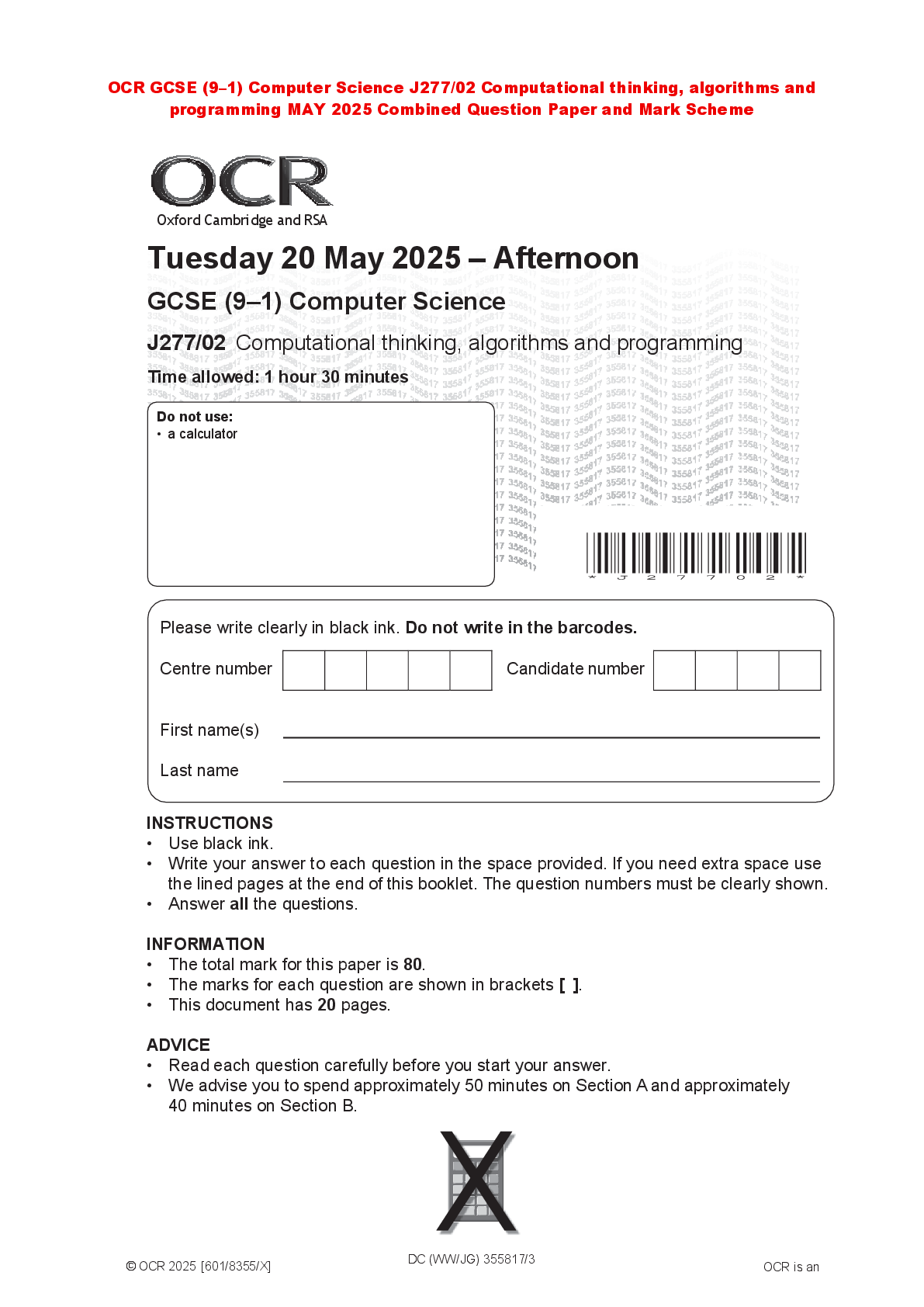 Recommended document preview for OCR GCSE (9–1) Computer Science J277/02 Computational thinking, algorithms and programming MAY 2025 Combined Question Paper and Mark Scheme