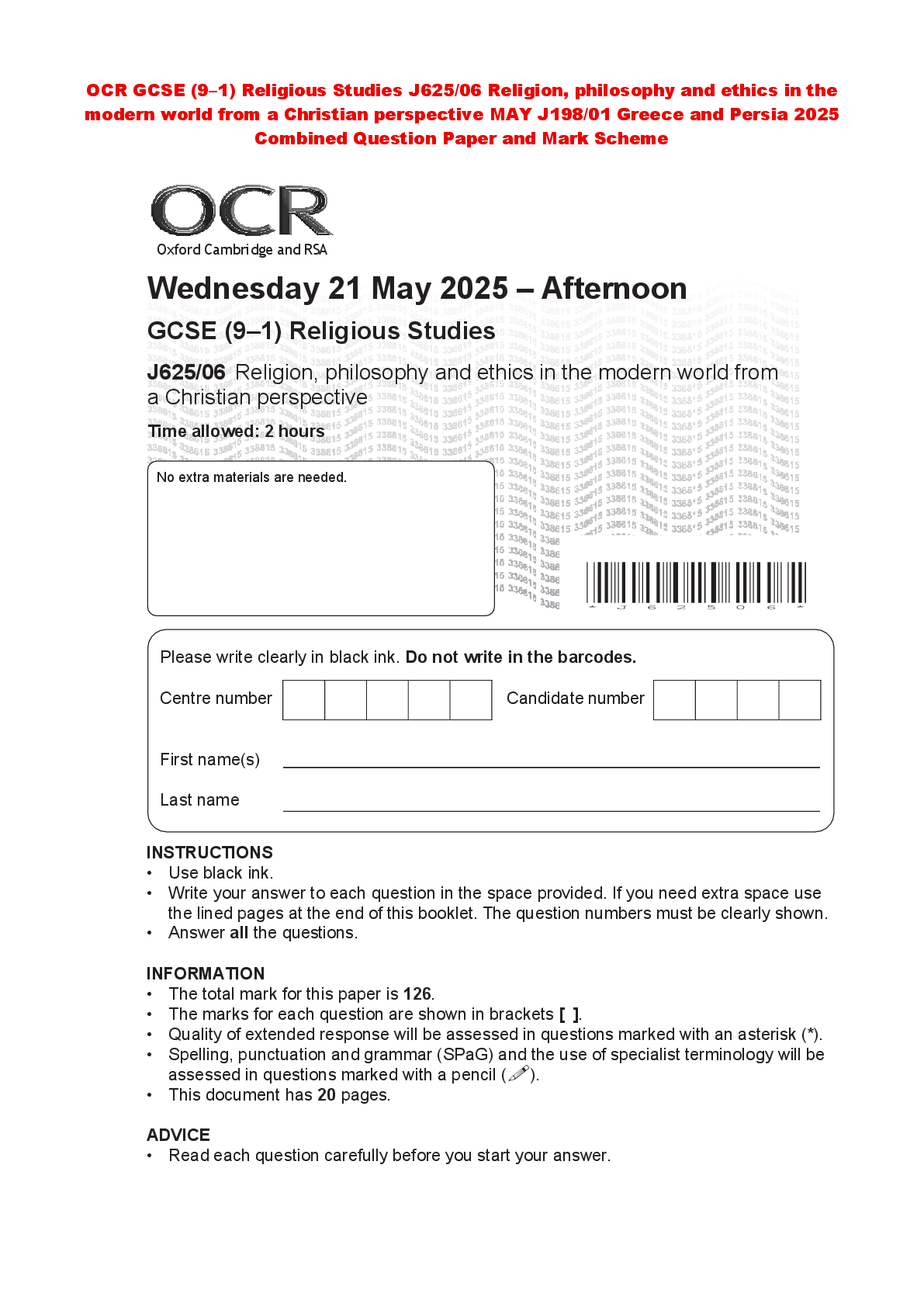 Recommended document preview for OCR GCSE (9–1) Religious Studies J625/06 Religion, philosophy and ethics in the modern world from a Christian perspective MAY J198/01 Greece and Persia 2025 Combined Question Paper and Mark Scheme