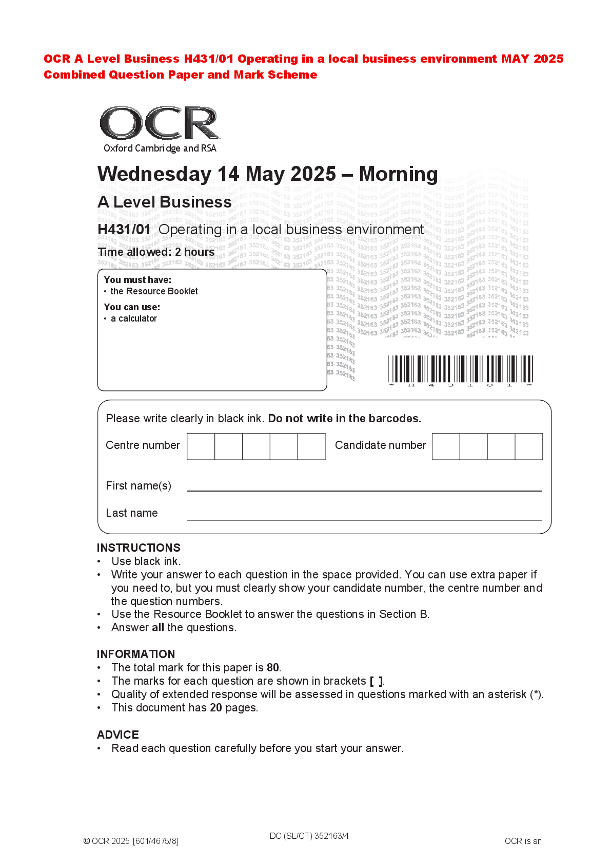 Recommended document preview for OCR A Level Business H431/01 Operating in a local business environment MAY 2025 Combined Question Paper and Mark Scheme