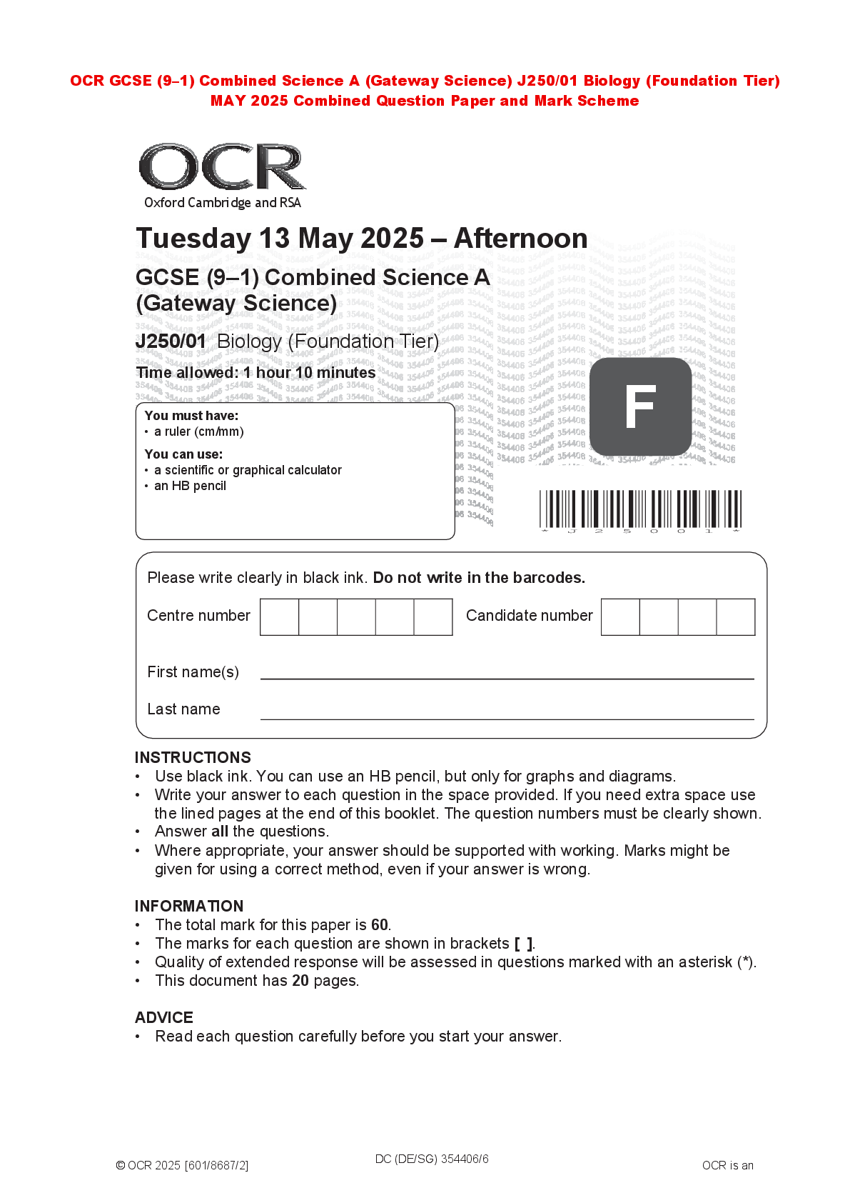 Recommended document preview for OCR GCSE (9–1) Combined Science A (Gateway Science) J250/01 Biology (Foundation Tier) MAY 2025 Combined Question Paper and Mark Scheme