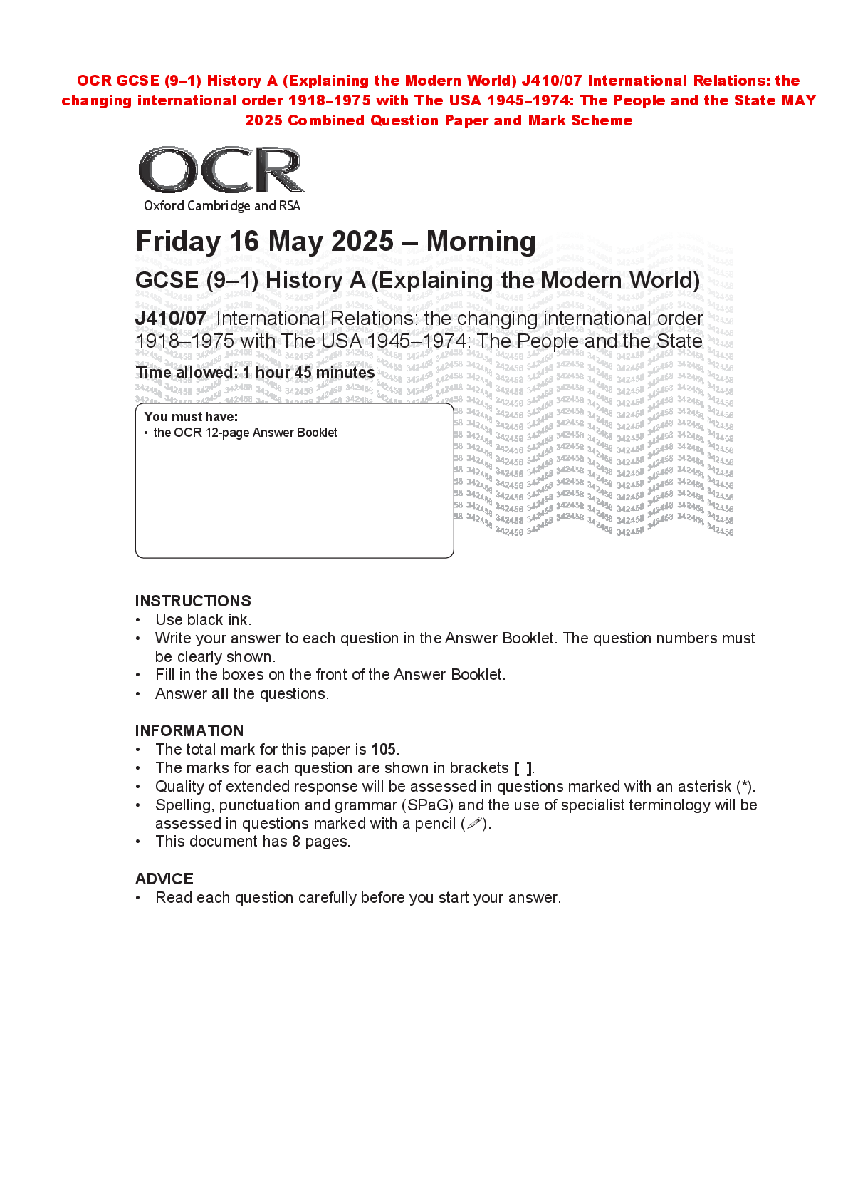 Preview of OCR GCSE (9–1) History A (Explaining the Modern World) J410/07 International Relations: th