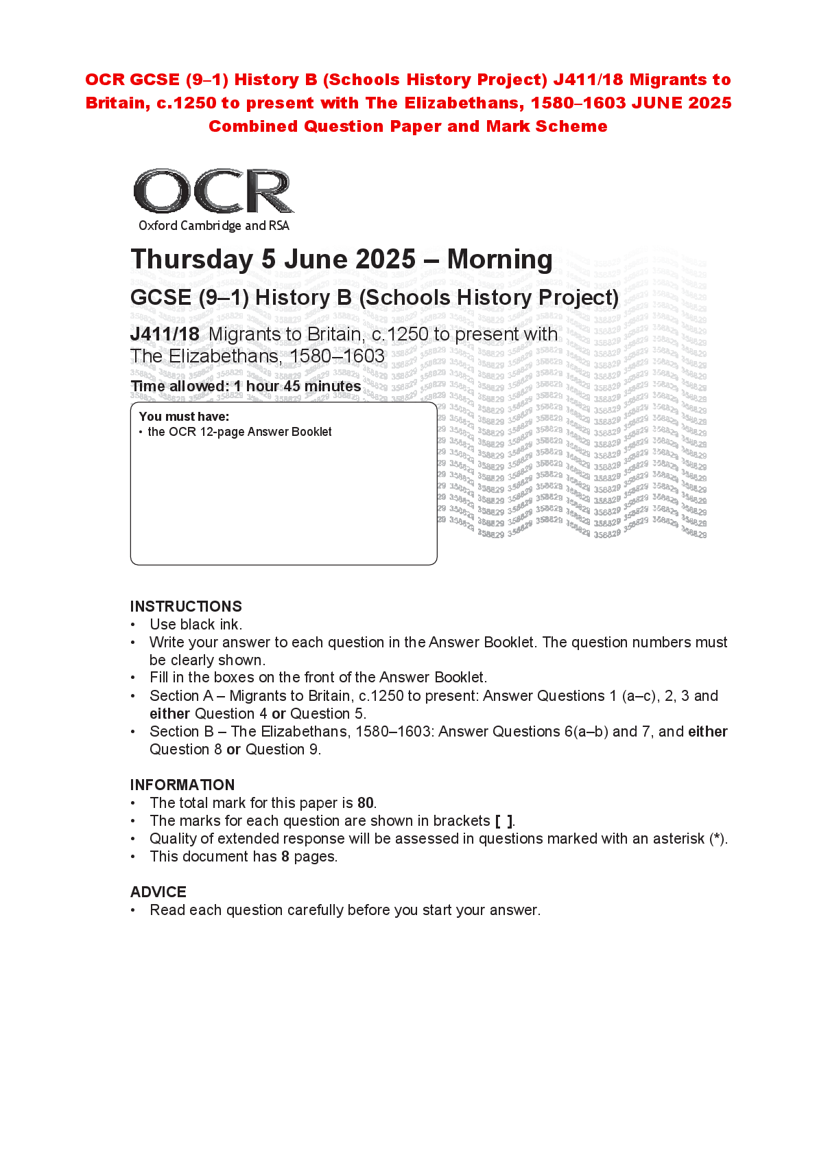 Recommended document preview for OCR GCSE (9–1) History B (Schools History Project) J411/18 Migrants to Britain, c.1250 to present with The Elizabethans, 1580–1603 JUNE 2025 Combined Question Paper and Mark Scheme