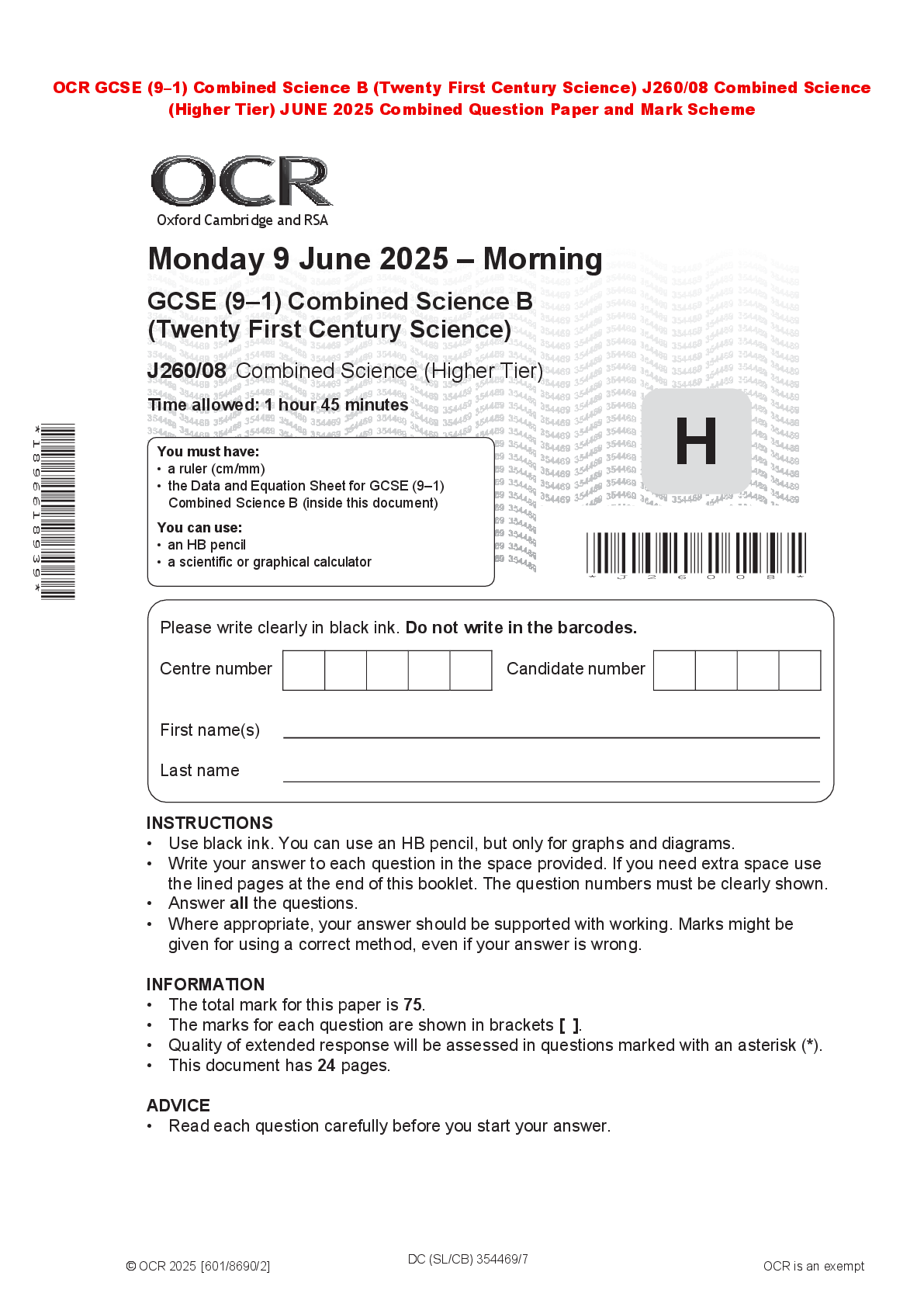 Preview of OCR GCSE (9–1) Combined Science B (Twenty First Century Science) J260/08 Combined Science