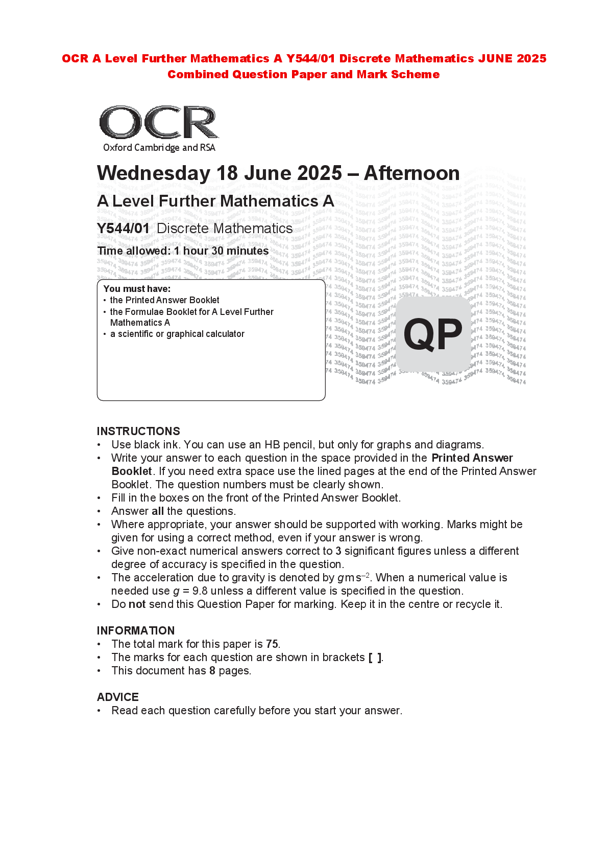 Recommended document preview for OCR A Level Further Mathematics A Y544/01 Discrete Mathematics JUNE 2025  Combined Question Paper and Mark Scheme