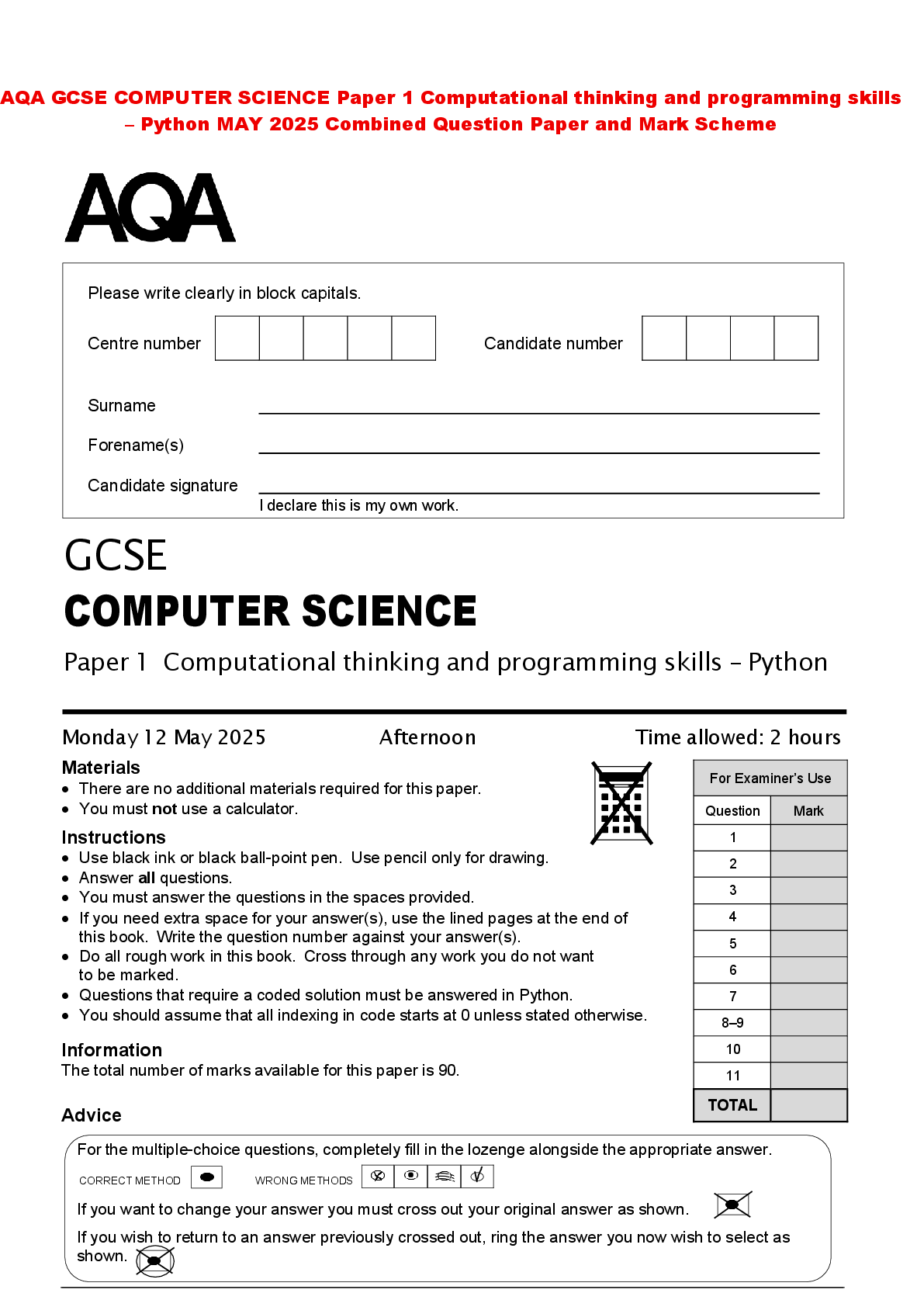 Recommended document preview for AQA GCSE COMPUTER SCIENCE Paper 1 Computational thinking and programming skills – Python MAY 2025 Combined Question Paper and Mark Scheme
