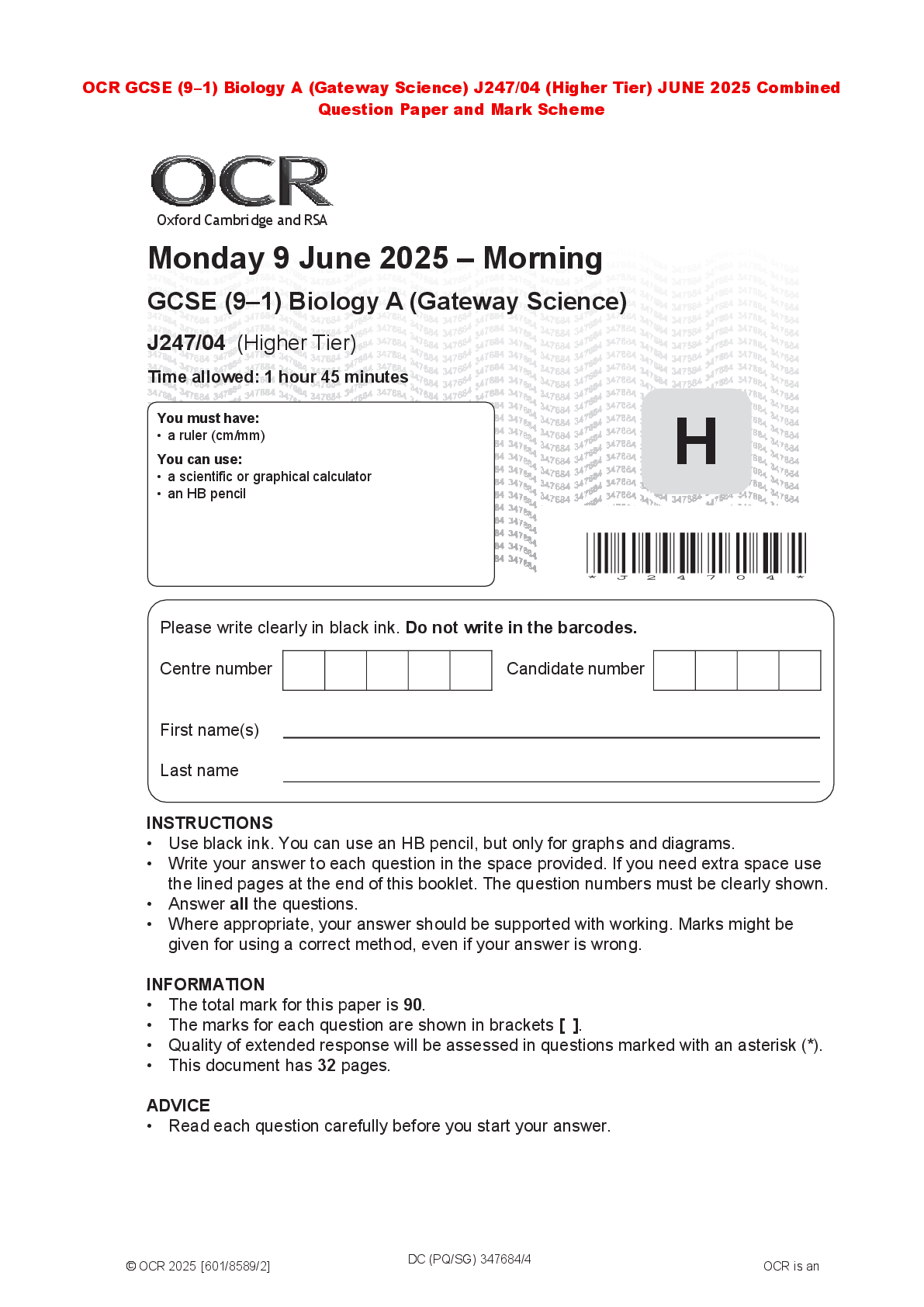 Recommended document preview for OCR GCSE (9–1) Biology A (Gateway Science) J247/04 (Higher Tier) JUNE 2025 Combined Question Paper and Mark Scheme