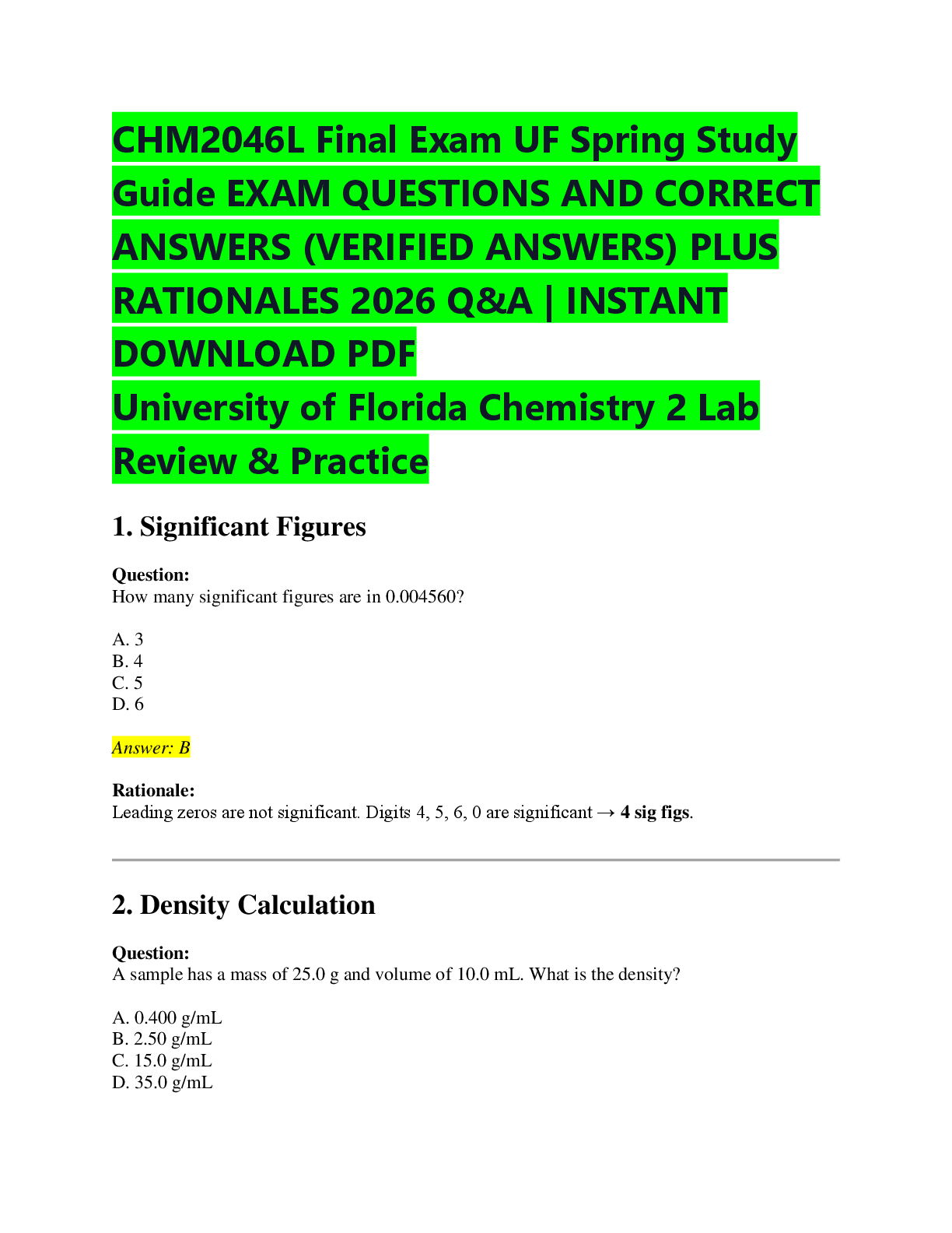 Preview of CHM2046L Final Exam UF Spring Study  Guide EXAM QUESTIONS AND CORRECT  ANSWERS (VERIFIED A