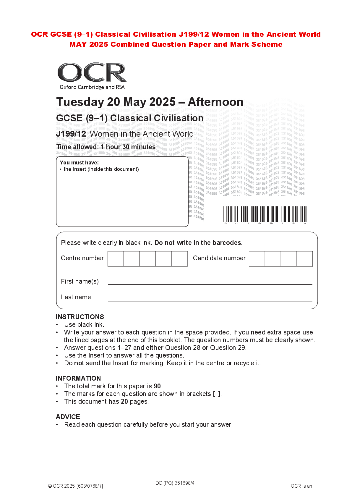 Recommended document preview for OCR GCSE (9–1) Classical Civilisation J199/12 Women in the Ancient World MAY 2025 Combined Question Paper and Mark Scheme