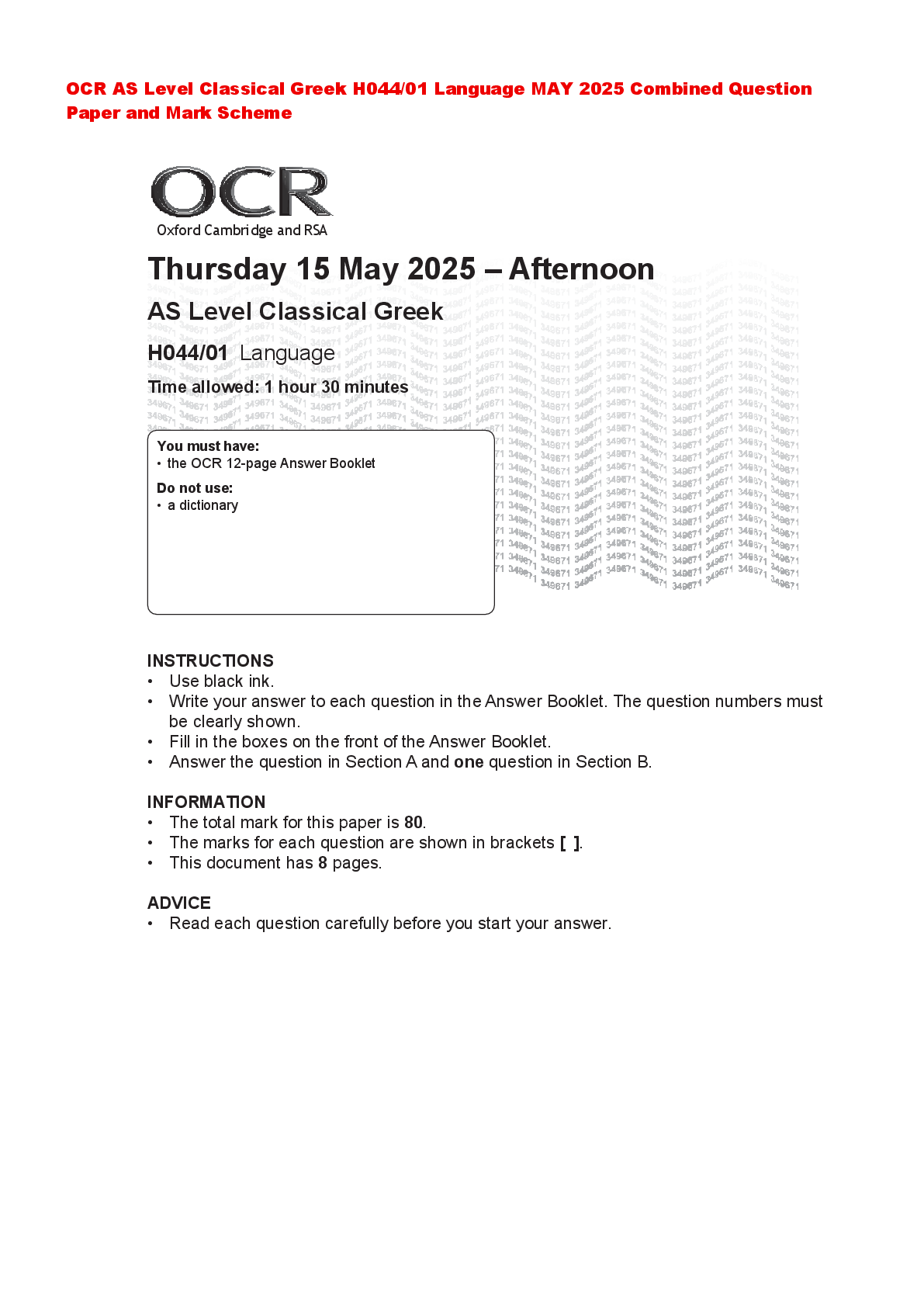 Recommended document preview for OCR AS Level Classical Greek H044/01 Language MAY 2025 Combined Question Paper and Mark Scheme