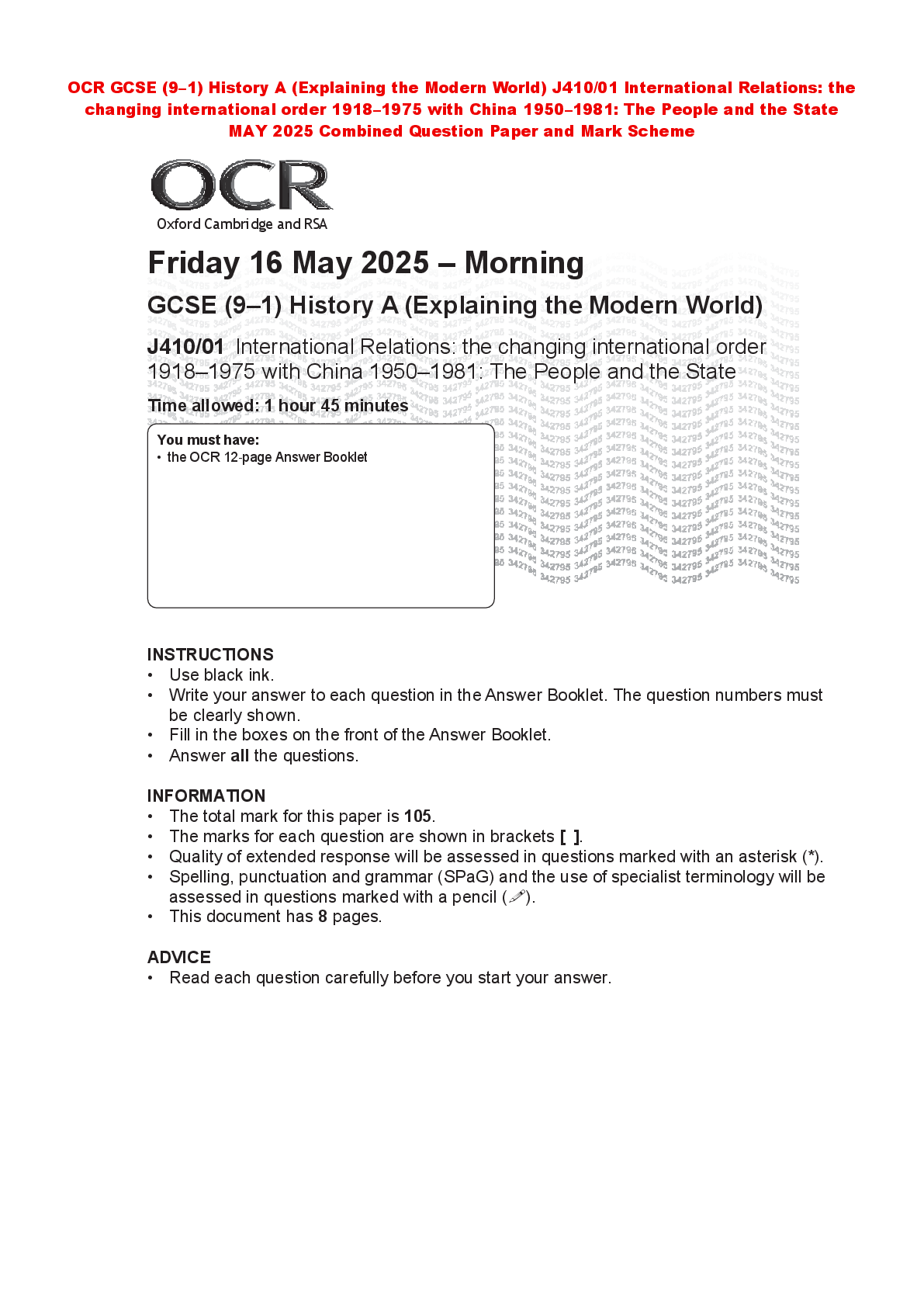 Preview of OCR GCSE (9–1) History A (Explaining the Modern World) J410/01 International Relations: th