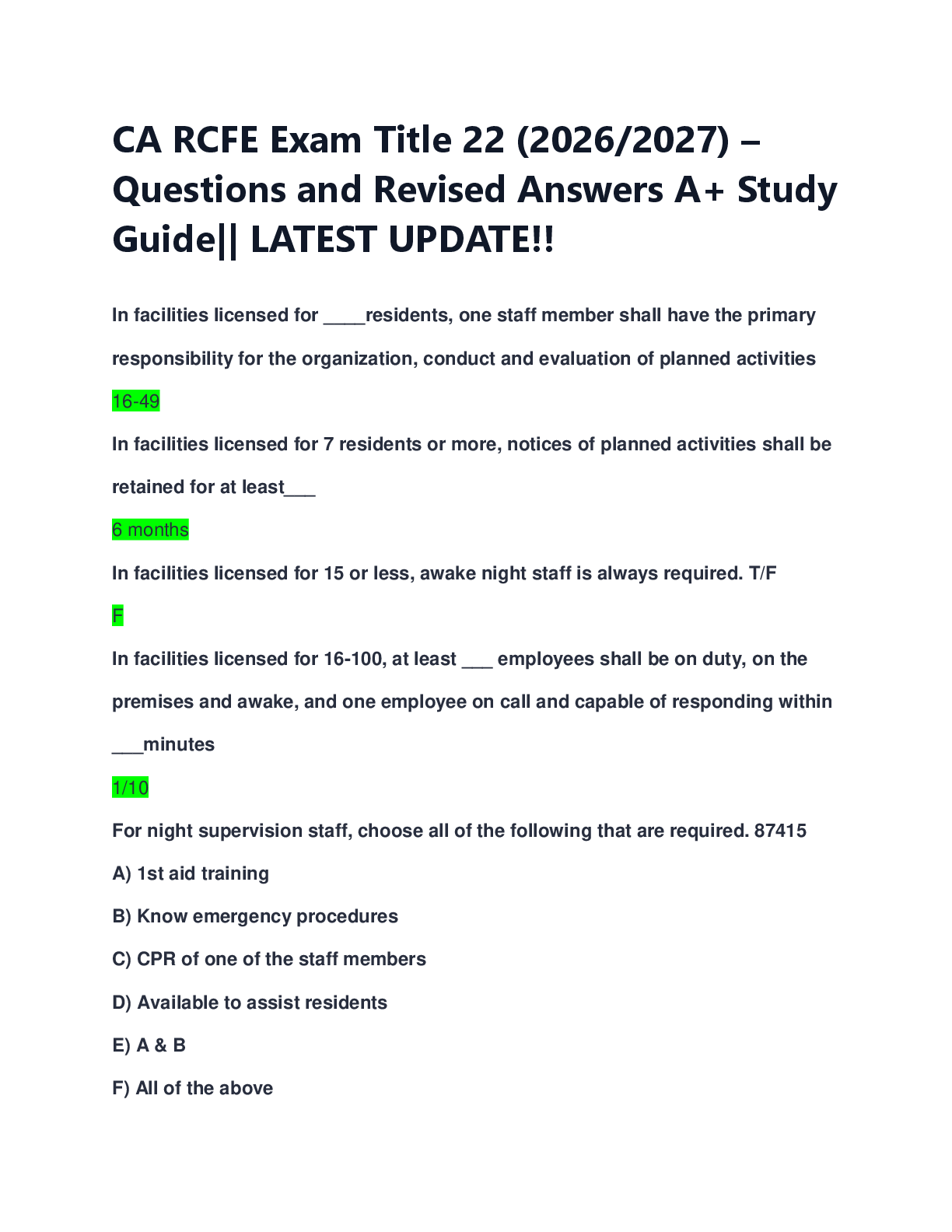 Preview of CA RCFE Exam Title 22 (2026/2027) –  Questions and Revised Answers A+ Study  Guide|| LATES