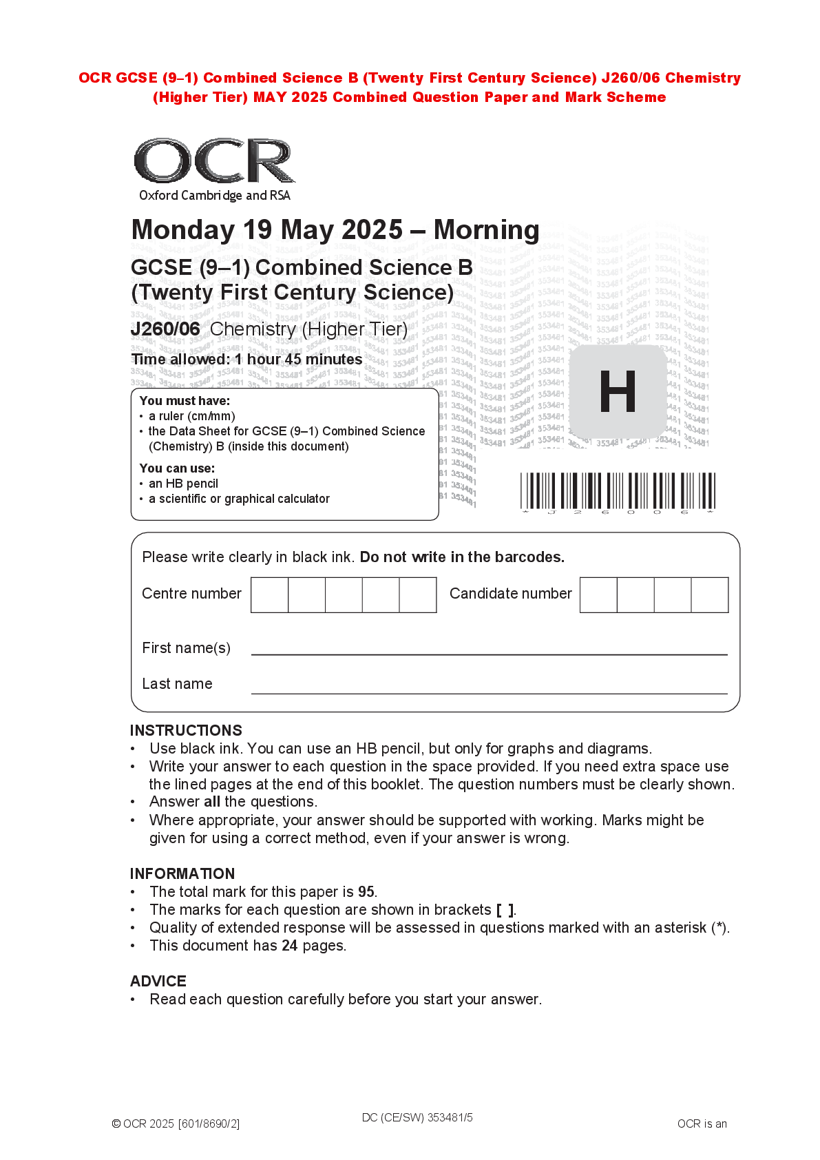 Preview of OCR GCSE (9–1) Combined Science B (Twenty First Century Science) J260/06 Chemistry (Higher