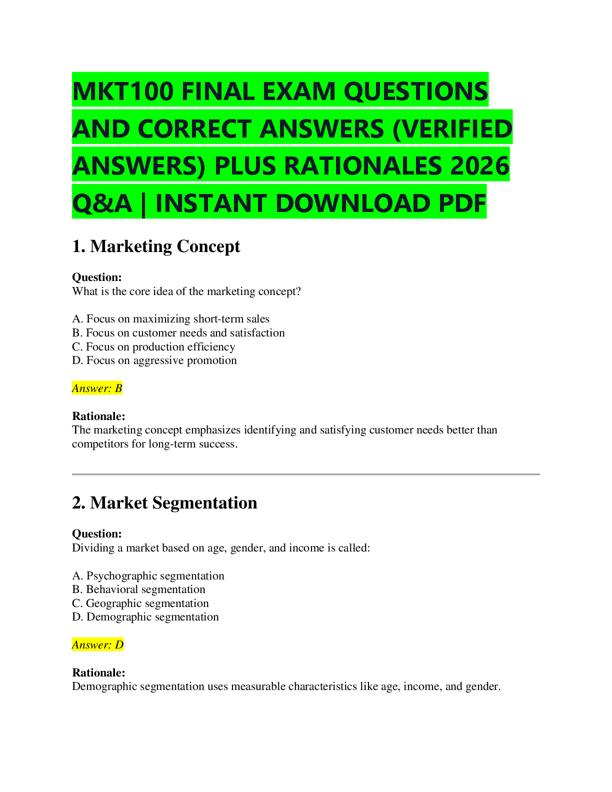 Recommended document preview for MKT100 FINAL EXAM QUESTIONS  AND CORRECT ANSWERS (VERIFIED  ANSWERS) PLUS RATIONALES 2026  Q&A | INSTANT DOWNLOAD PDF