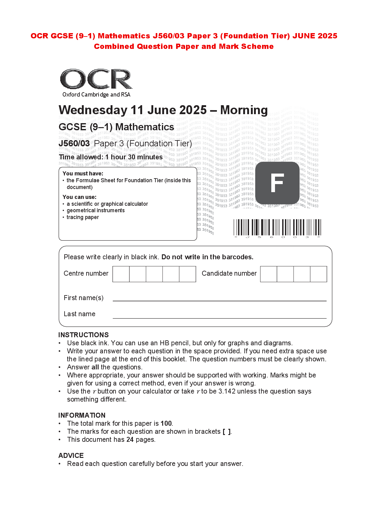 Recommended document preview for OCR GCSE (9–1) Mathematics J560/03 Paper 3 (Foundation Tier) JUNE 2025 Combined Question Paper and Mark Scheme