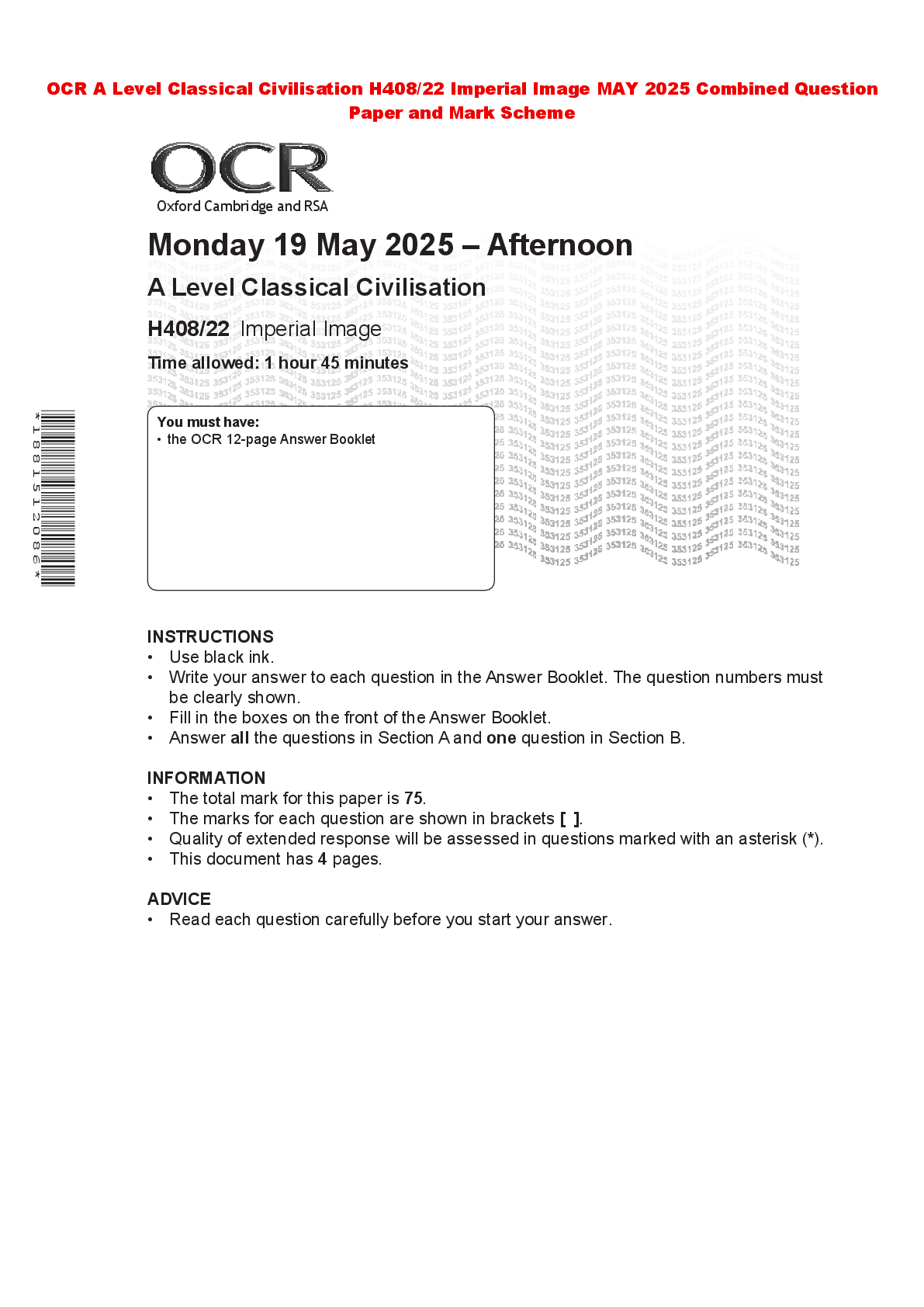 Recommended document preview for OCR A Level Classical Civilisation H408/22 Imperial Image MAY 2025 Combined Question Paper and Mark Scheme