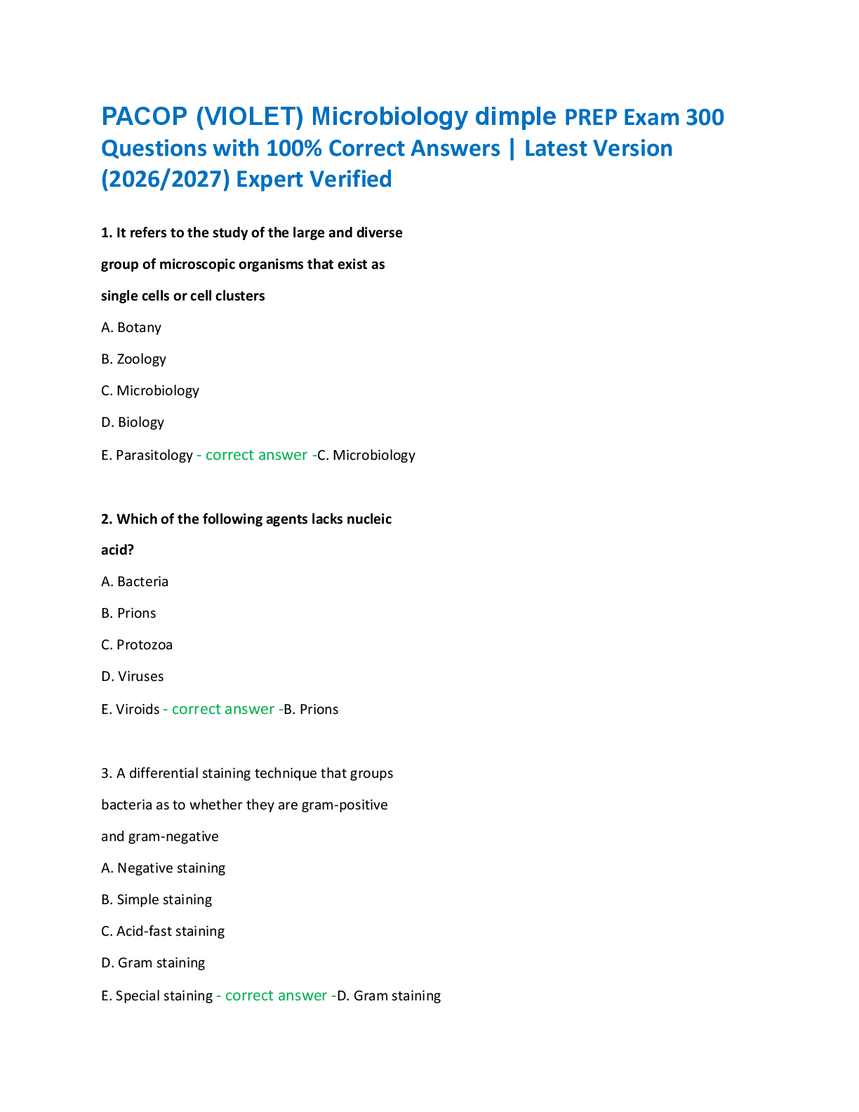 Recommended document preview for PACOP (VIOLET) Microbiology dimple PREP Exam 300  Questions with 100% Correct Answers | Latest Version  (2026/2027) Expert Verified